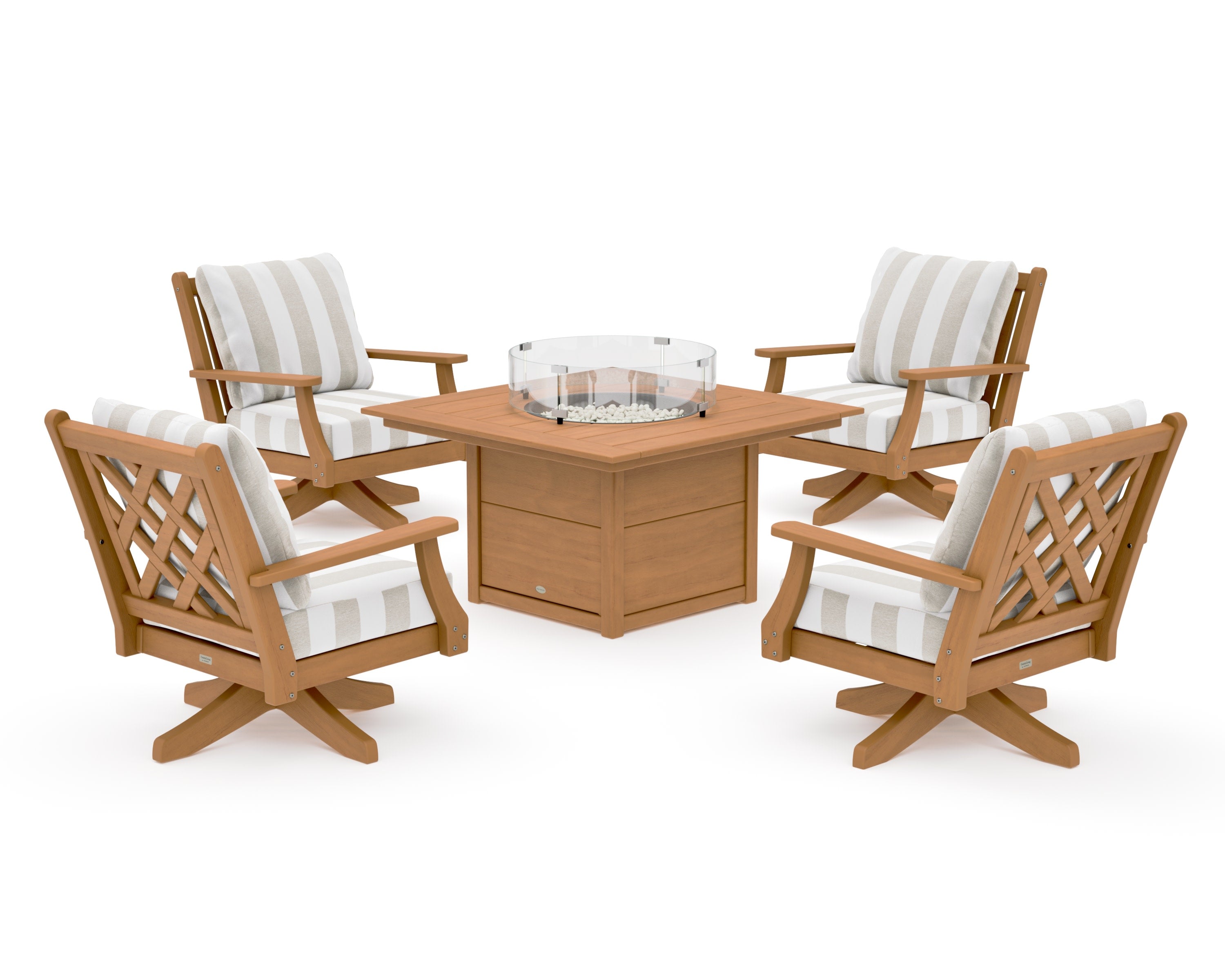 Wovendale 5-Piece Deep Seating Swivel Conversation Set with Fire Pit Table in Natural / Cabana Stripe Dune Burlap