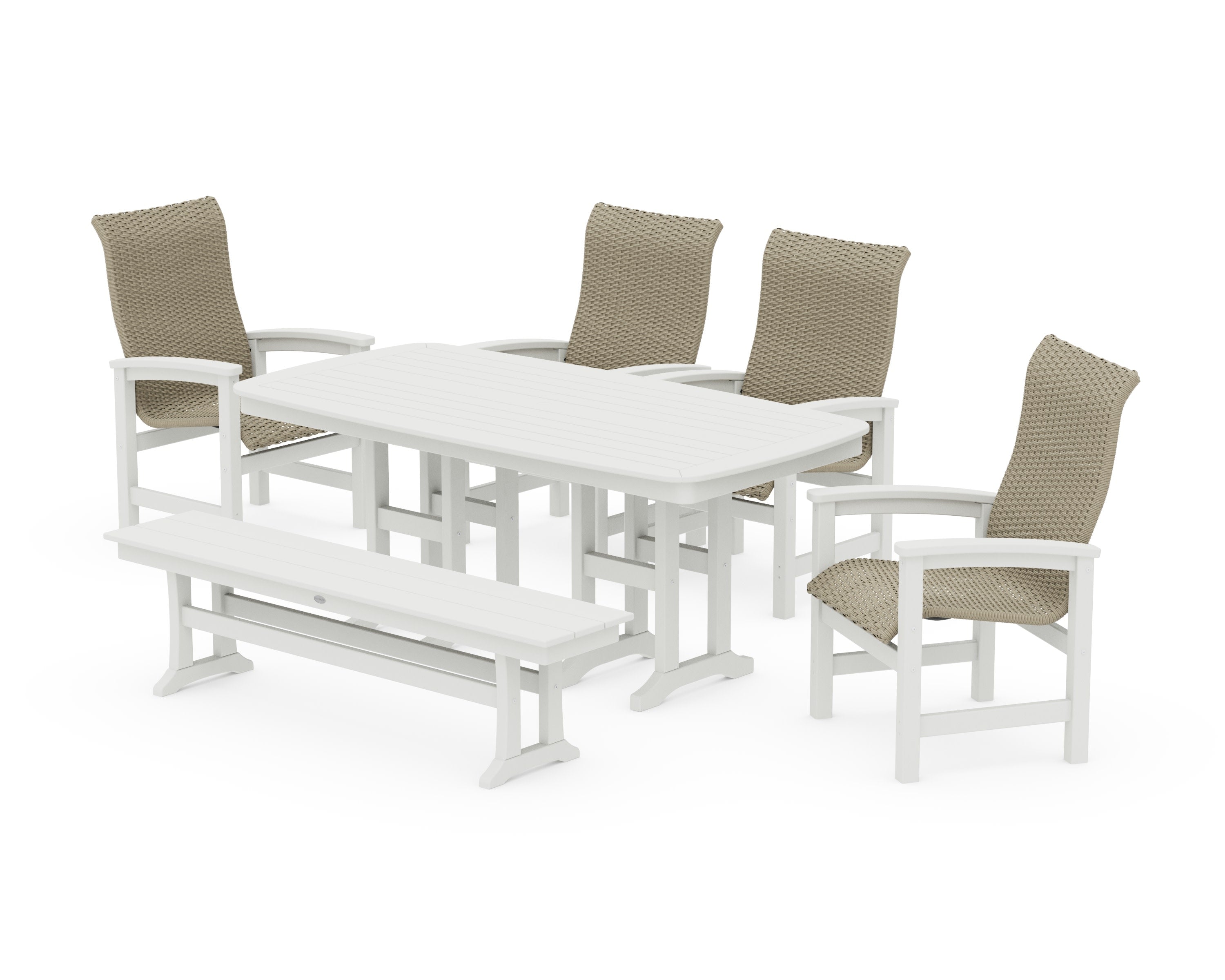 Coastal Woven High-Back 6-Piece Farmhouse Dining Set with Bench in Vintage White / Dune Grass