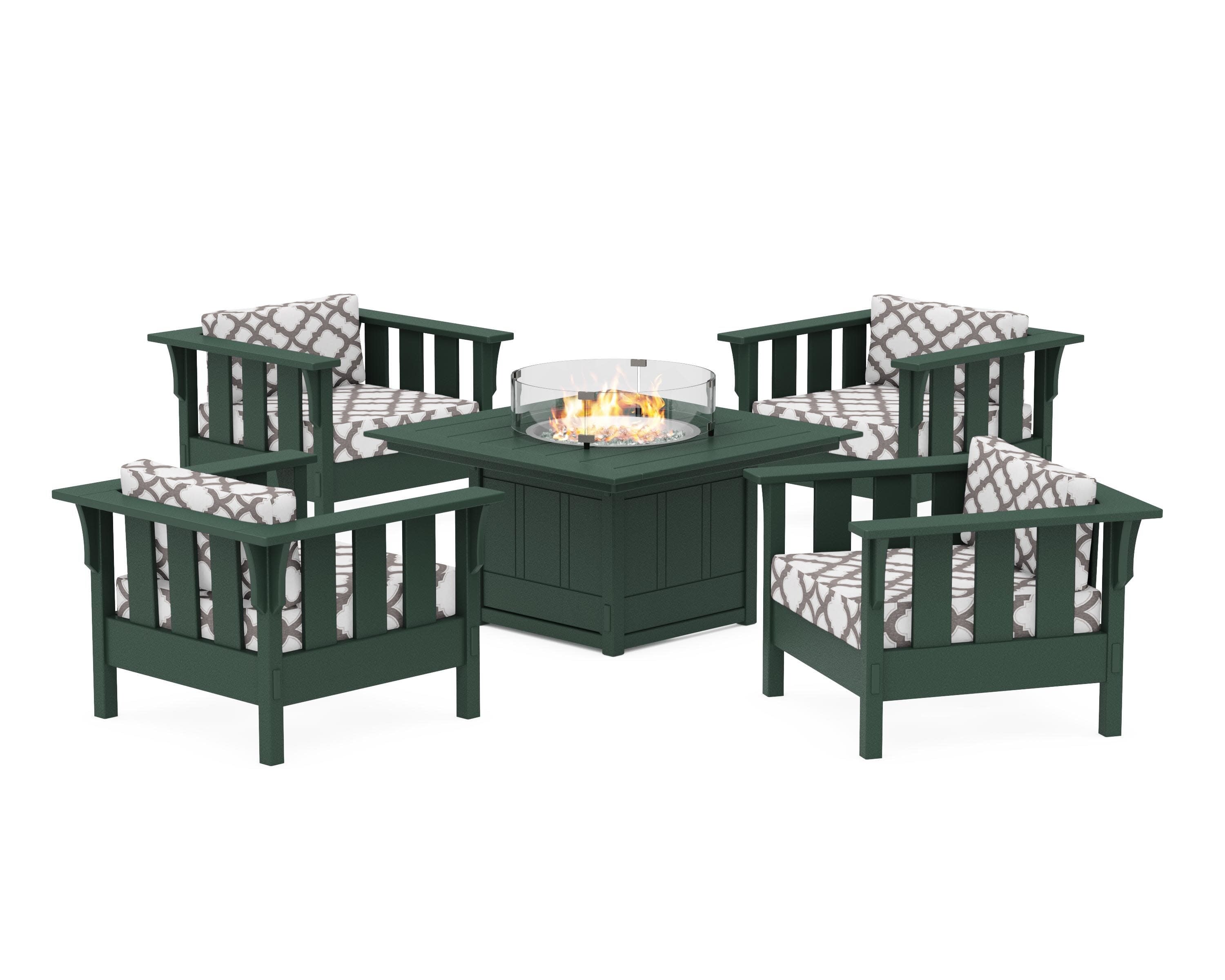 Acadia 5-Piece Deep Seating Set with Fire Pit Table in Green / Trellis Grey Mist