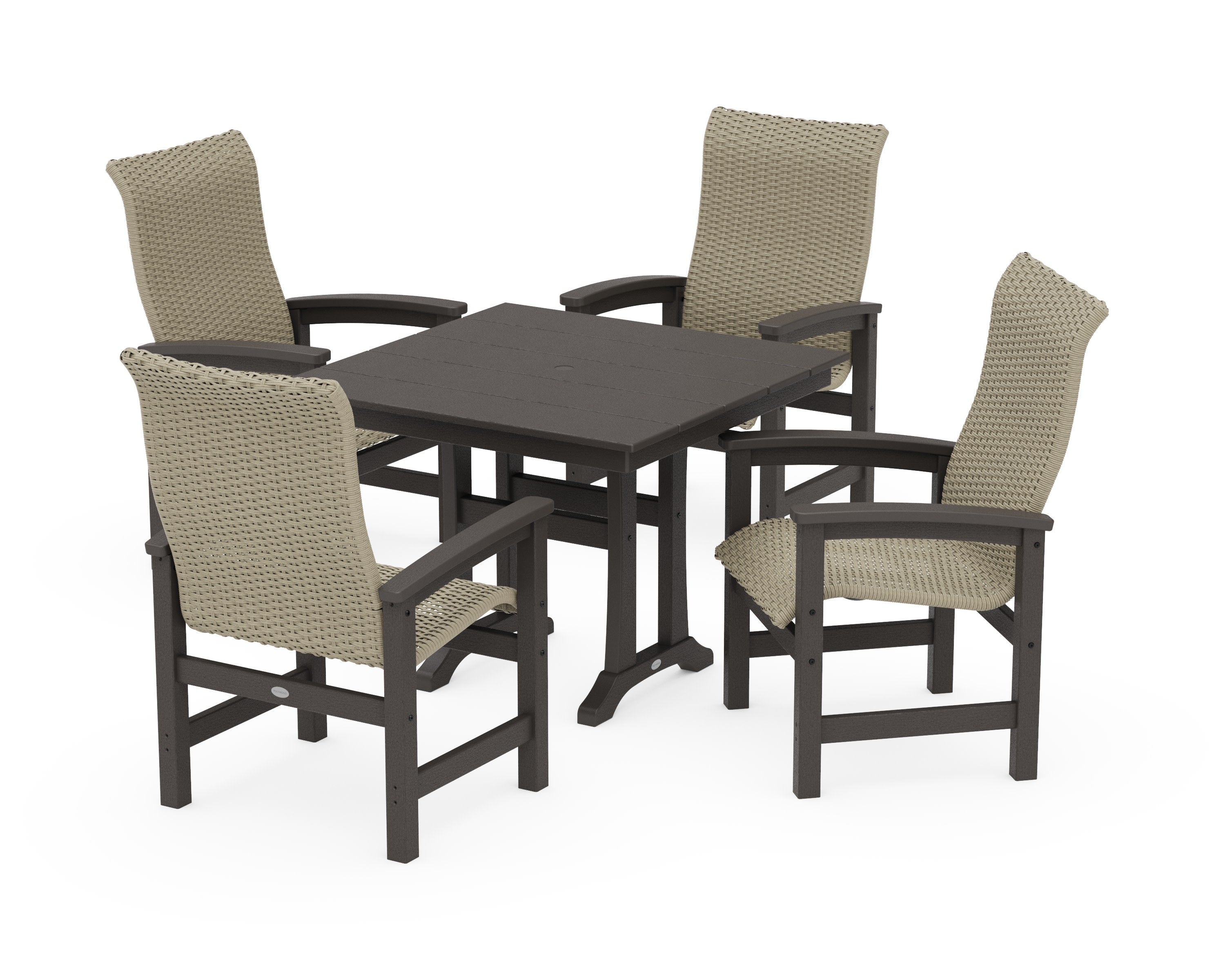Coastal Woven High-Back 5-Piece Farmhouse Dining Set with Trestle Legs in Vintage Coffee / Dune Grass