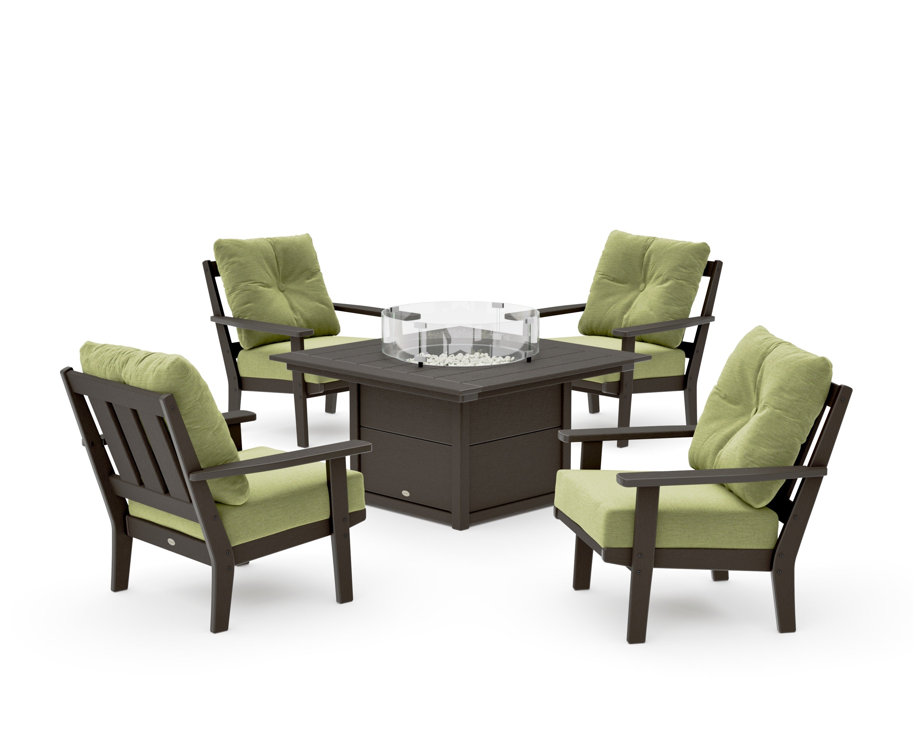 Oxford 5-Piece Deep Seating Set with Fire Pit Table in Vintage Coffee / Chartreuse Boucle