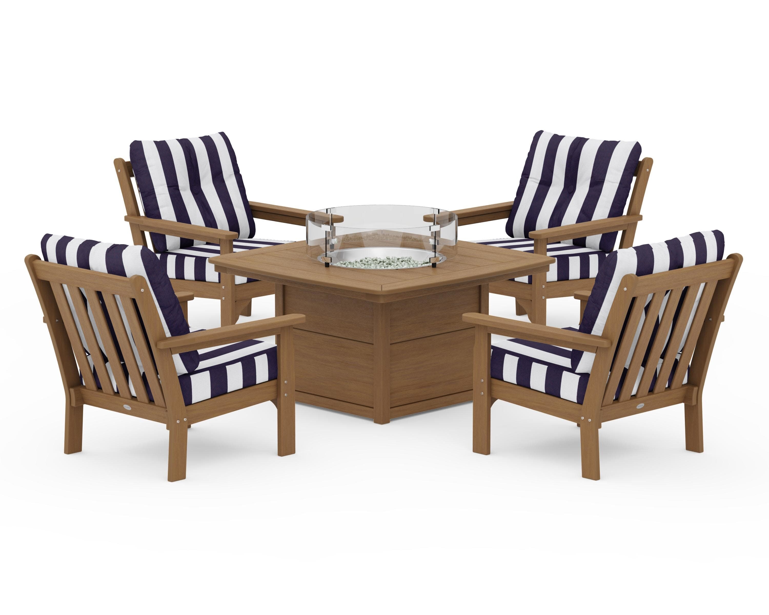 Vineyard 5-Piece Conversation Set with Fire Pit Table in Natural / Cabana Stripe Navy