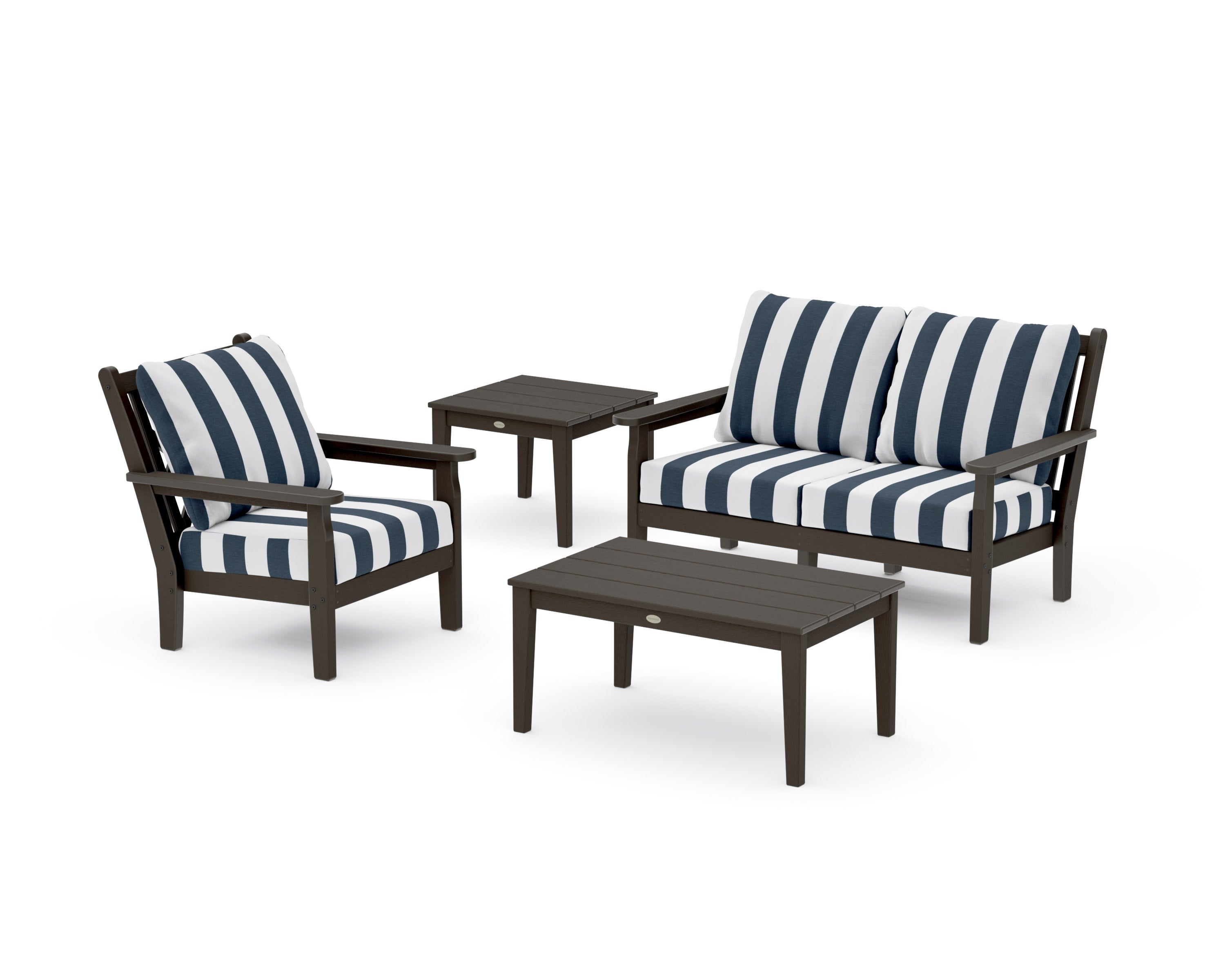 Chippendale 4-Piece Deep Seating Set in Vintage Coffee / Cabana Stripe Marine Indigo