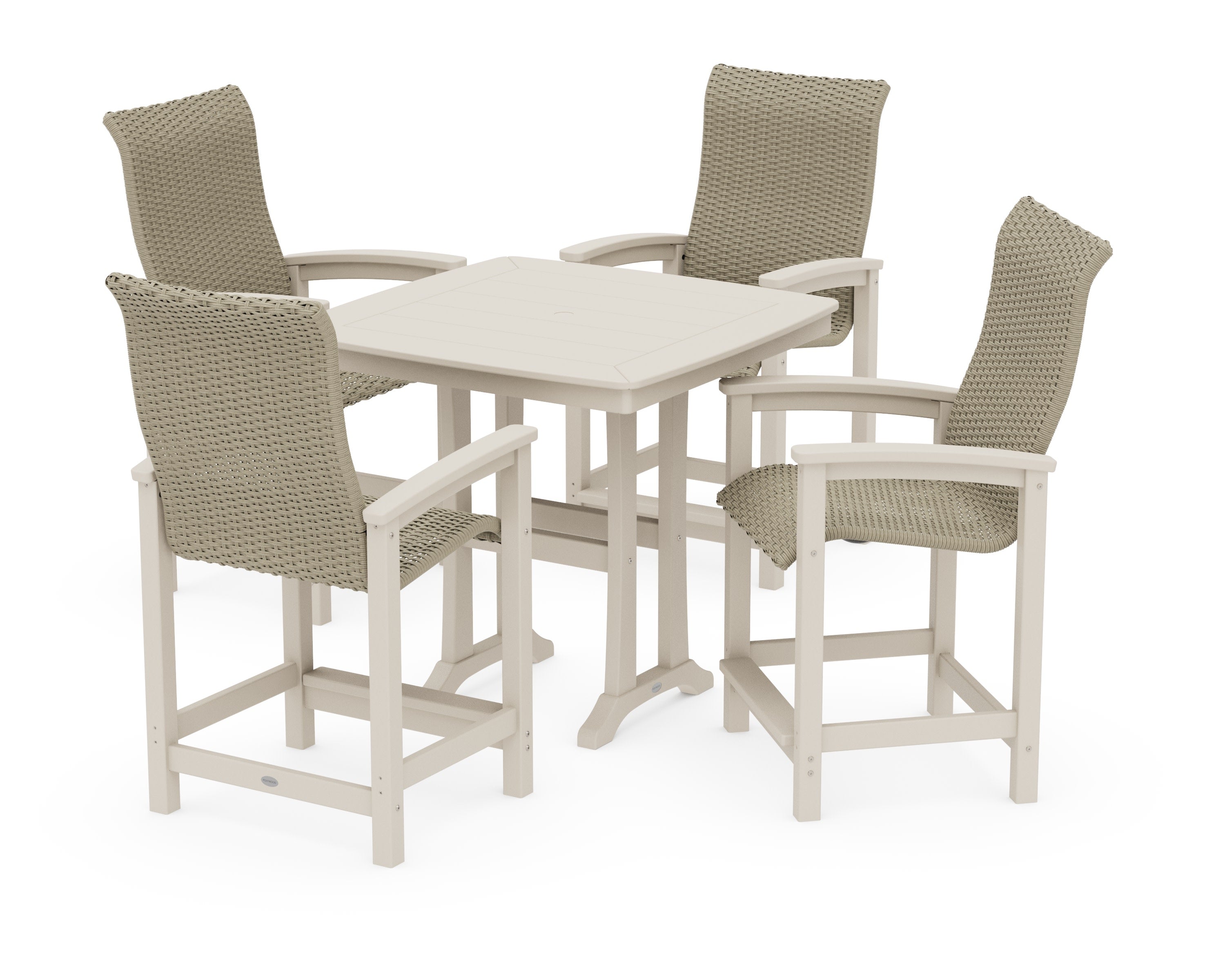Coastal Woven High-Back 5-Piece Counter Set with Trestle Legs in Sand / Dune Grass