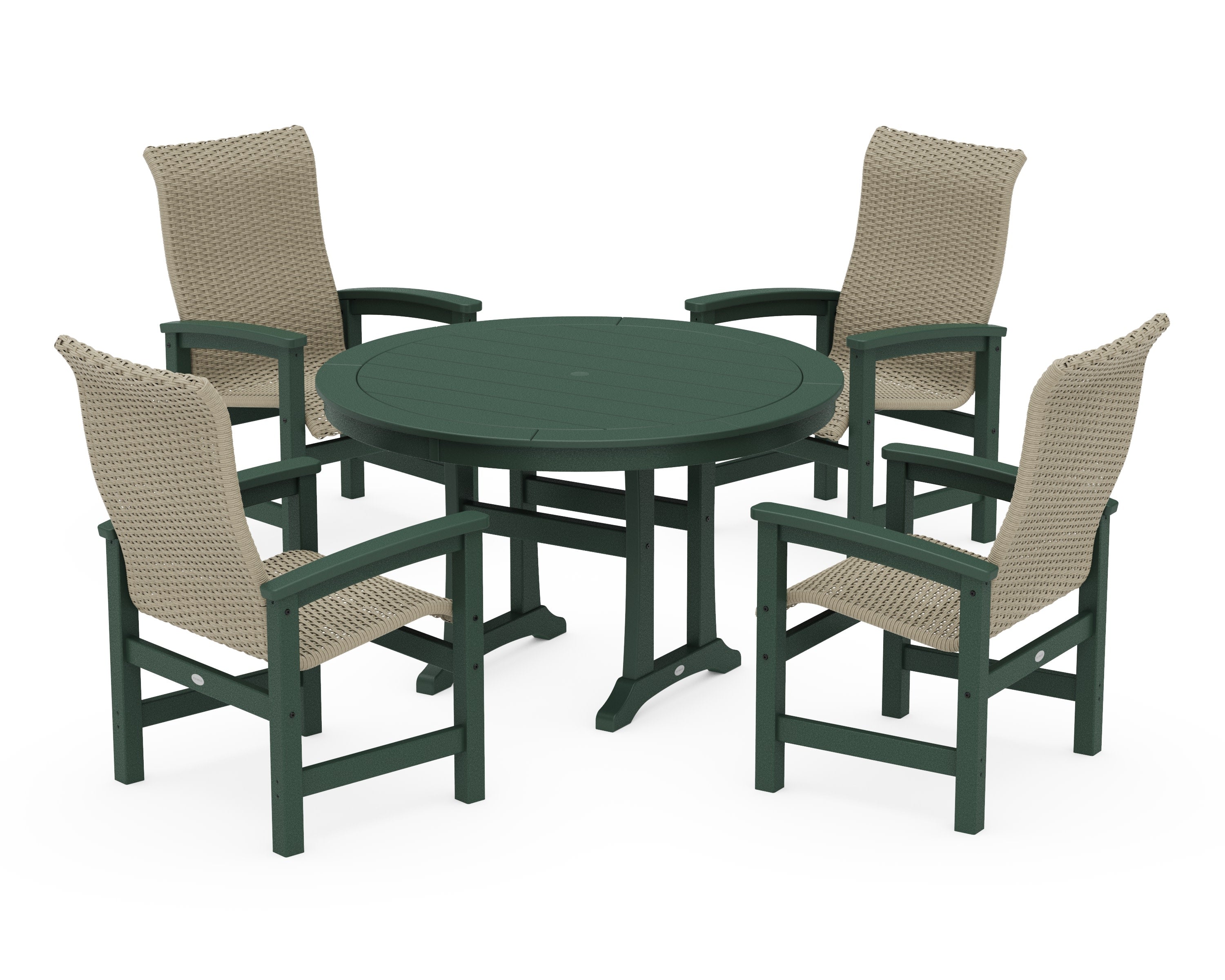 Coastal Woven High-Back 5-Piece Round Dining Set with Trestle Legs in Green / Dune Grass