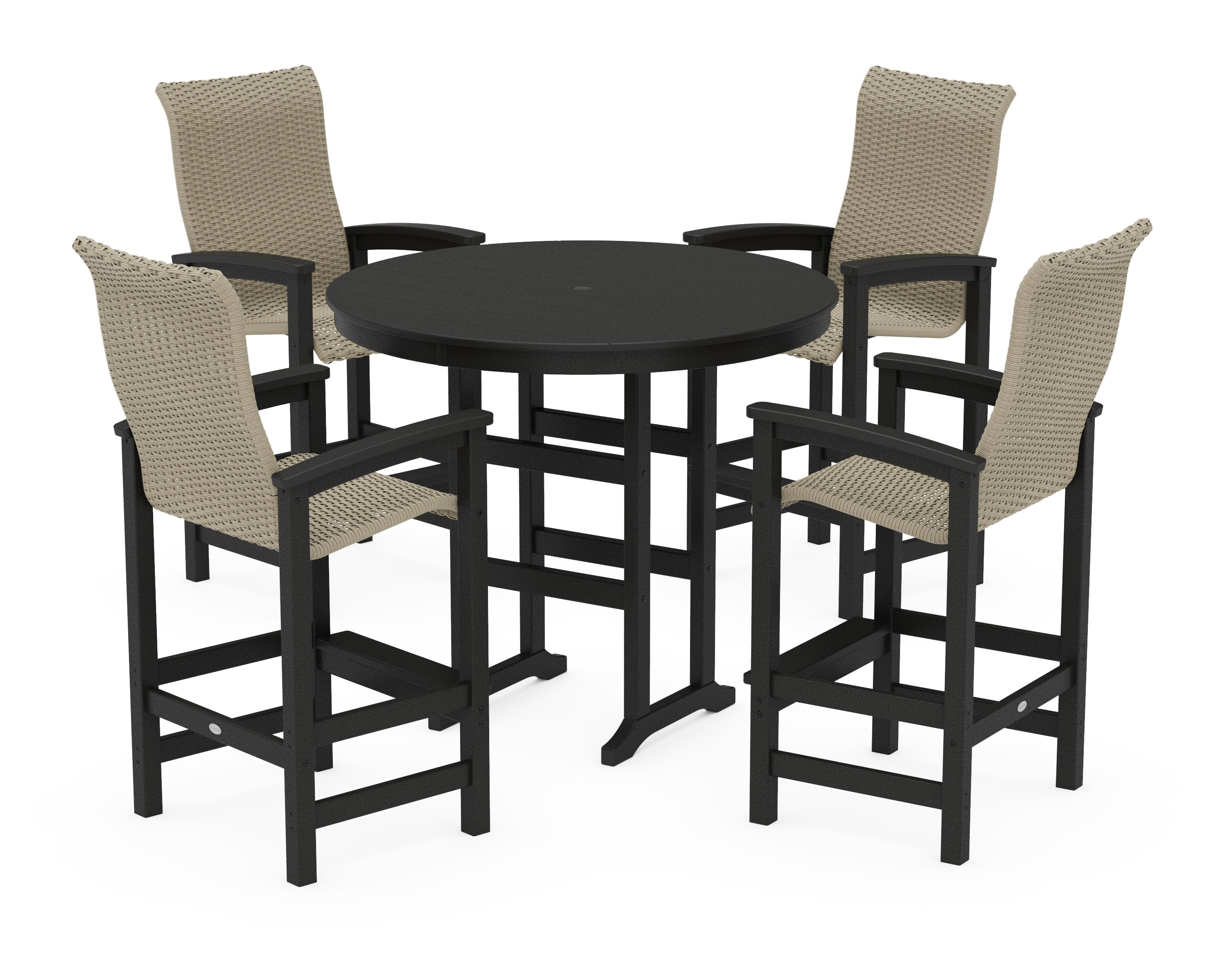 Coastal Woven High-Back 5-Piece Round Farmhouse Bar Set in Black / Dune Grass