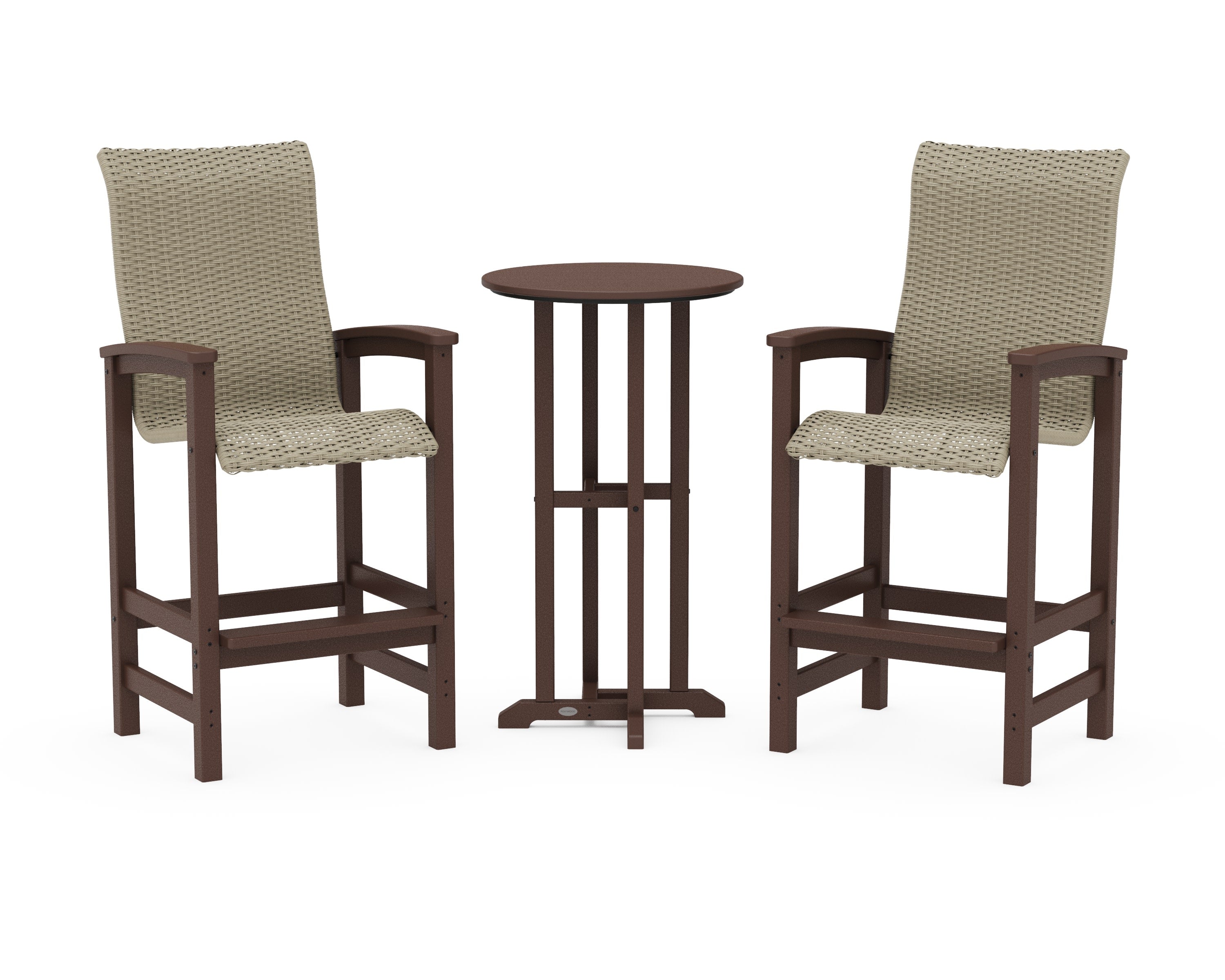 Coastal Woven High-Back 3-Piece Farmhouse Bar Set in Mahogany / Dune Grass