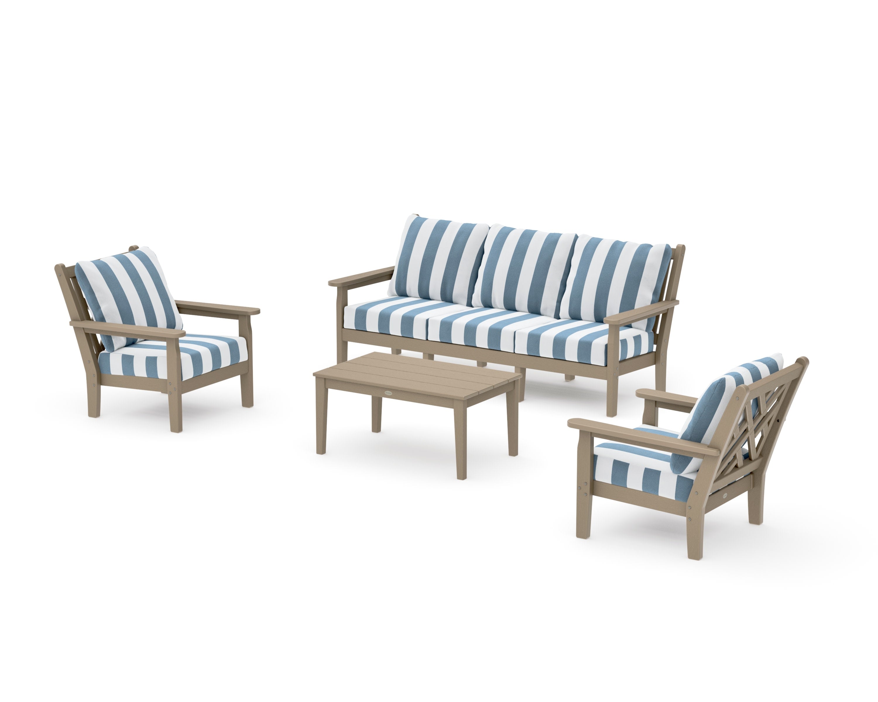 Chippendale 4-Piece Deep Seating Set with Sofa in Vintage Sahara / Cabana Stripe Sky Blue
