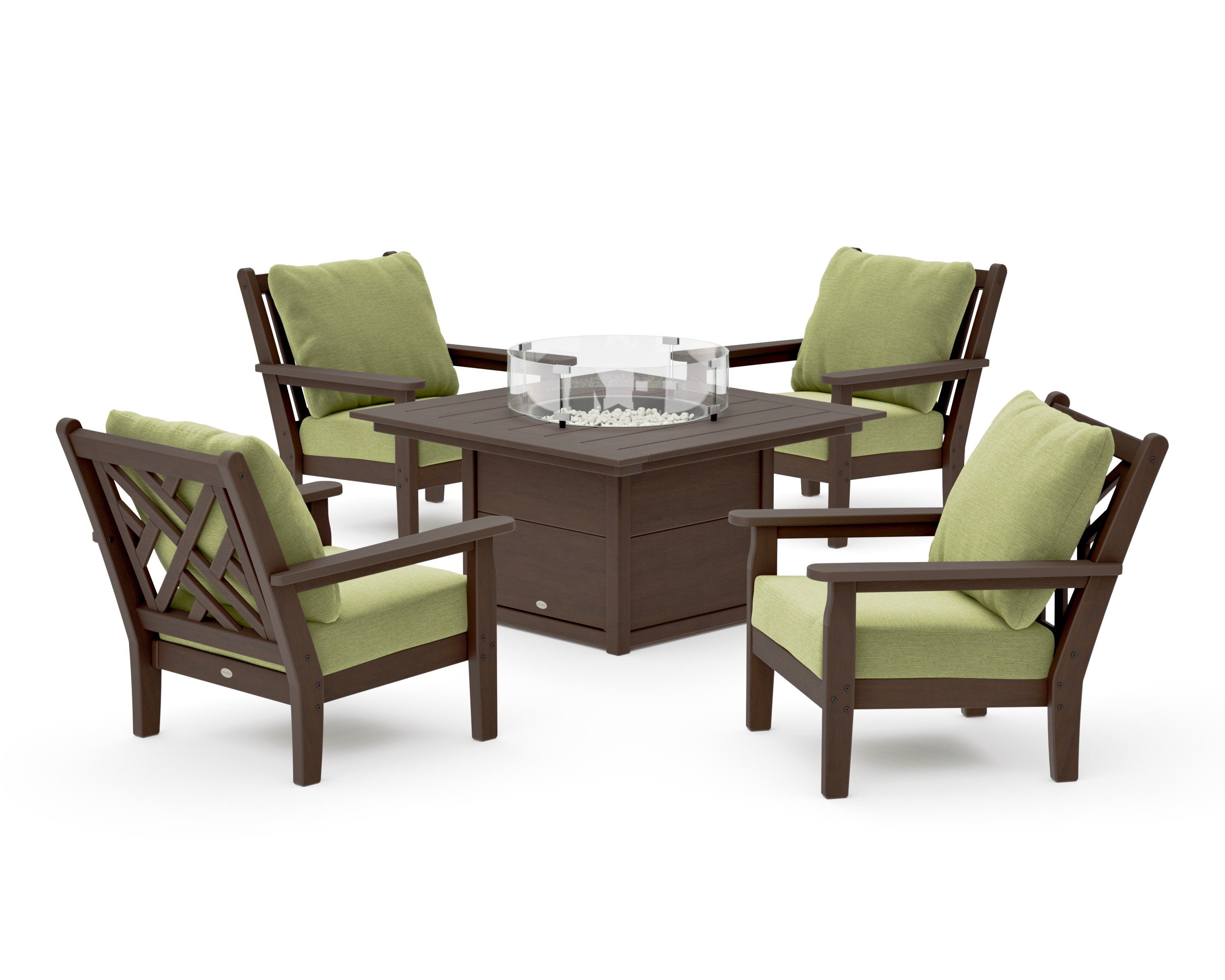 Chippendale 5-Piece Deep Seating Set with Fire Pit Table in Kona / Chartreuse Boucle