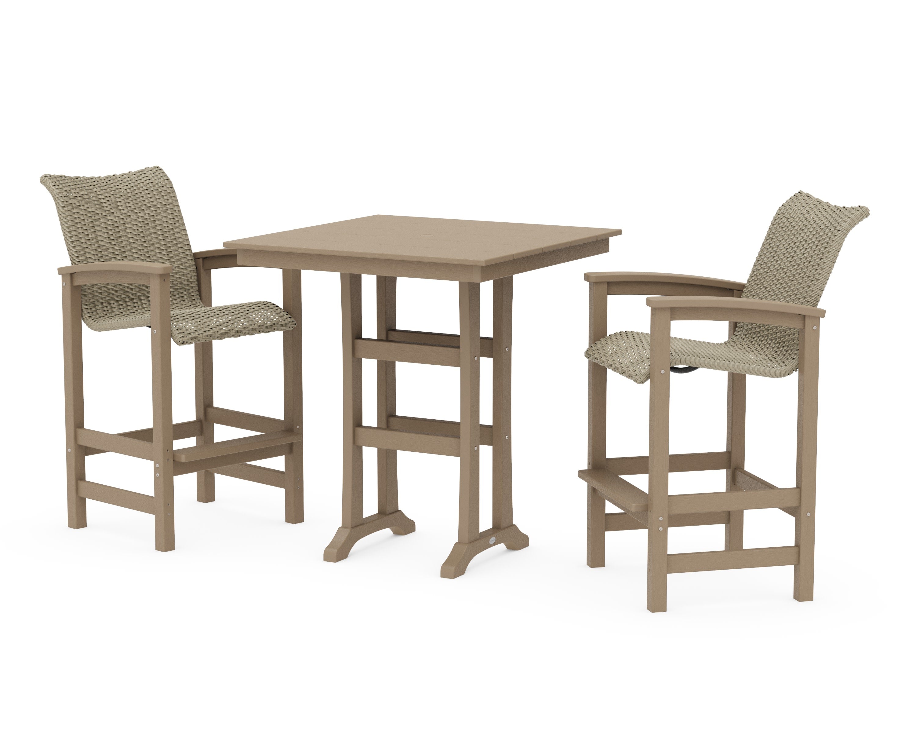 Coastal Woven 3-Piece Farmhouse Bar Set with Trestle Legs in Vintage Sahara / Dune Grass
