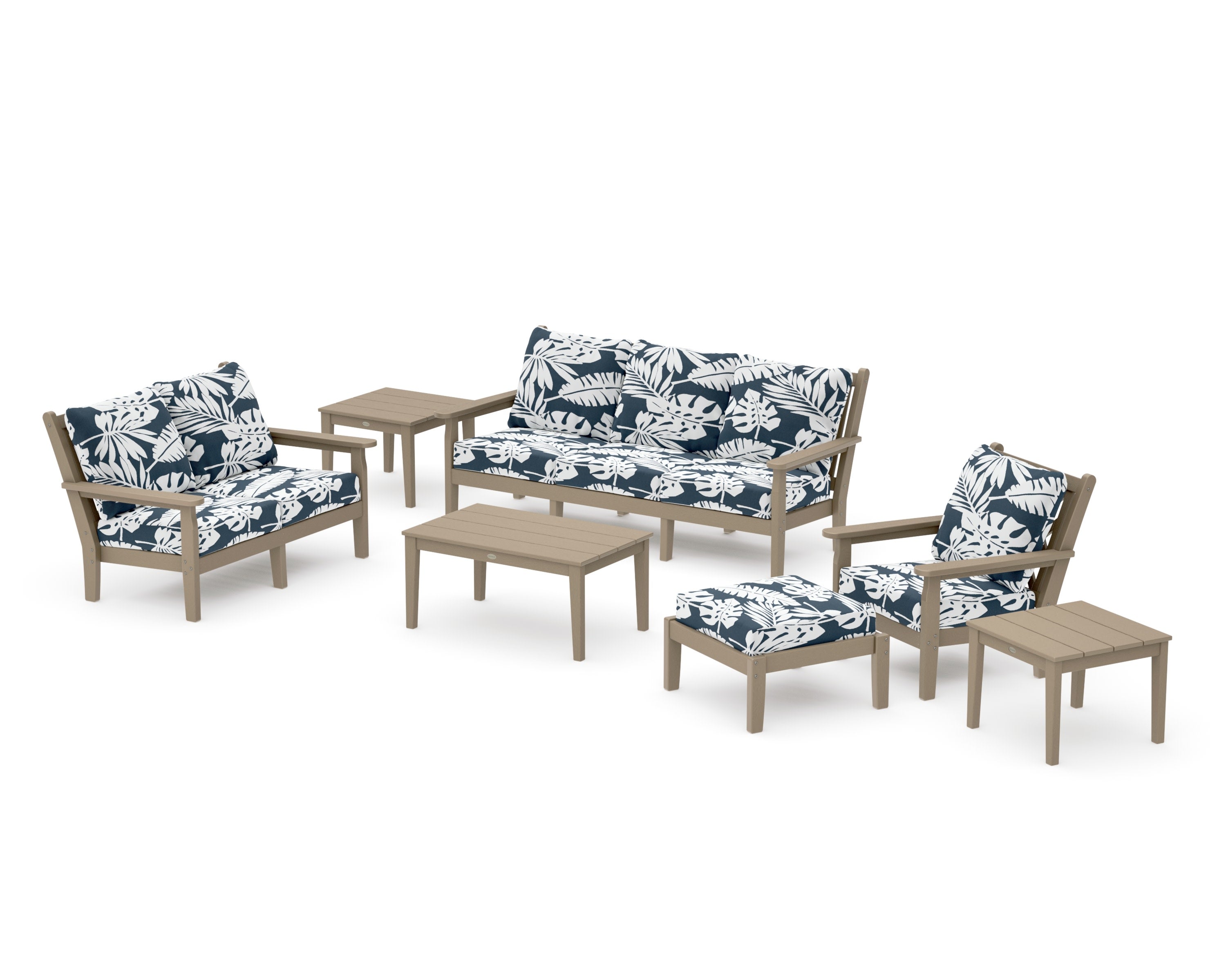 Chippendale 7-Piece Deep Seating Set in Vintage Sahara / Leaf Marine Indigo