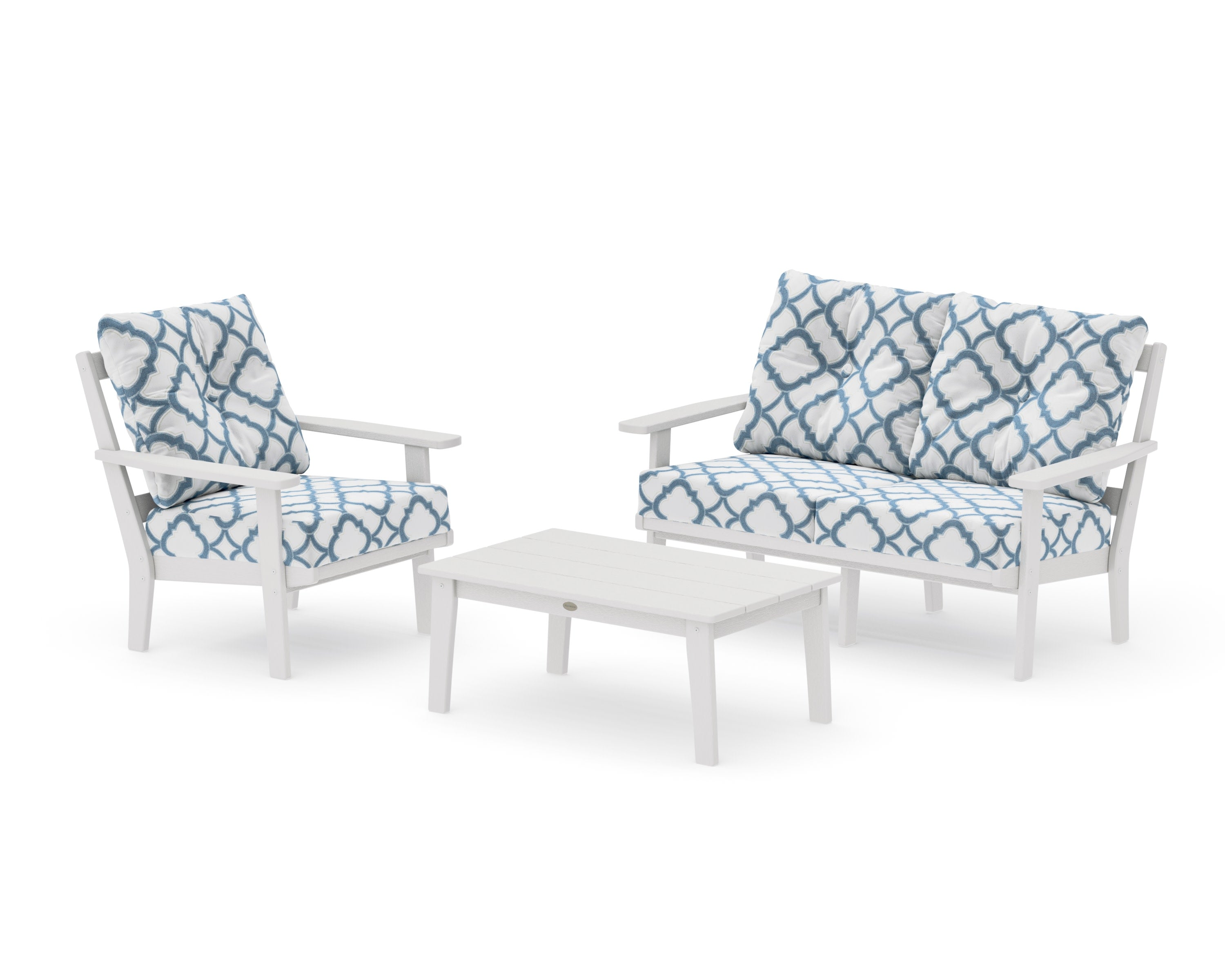 Oxford 3-Piece Deep Seating Set with Loveseat in Vintage White / Trellis Sky Blue