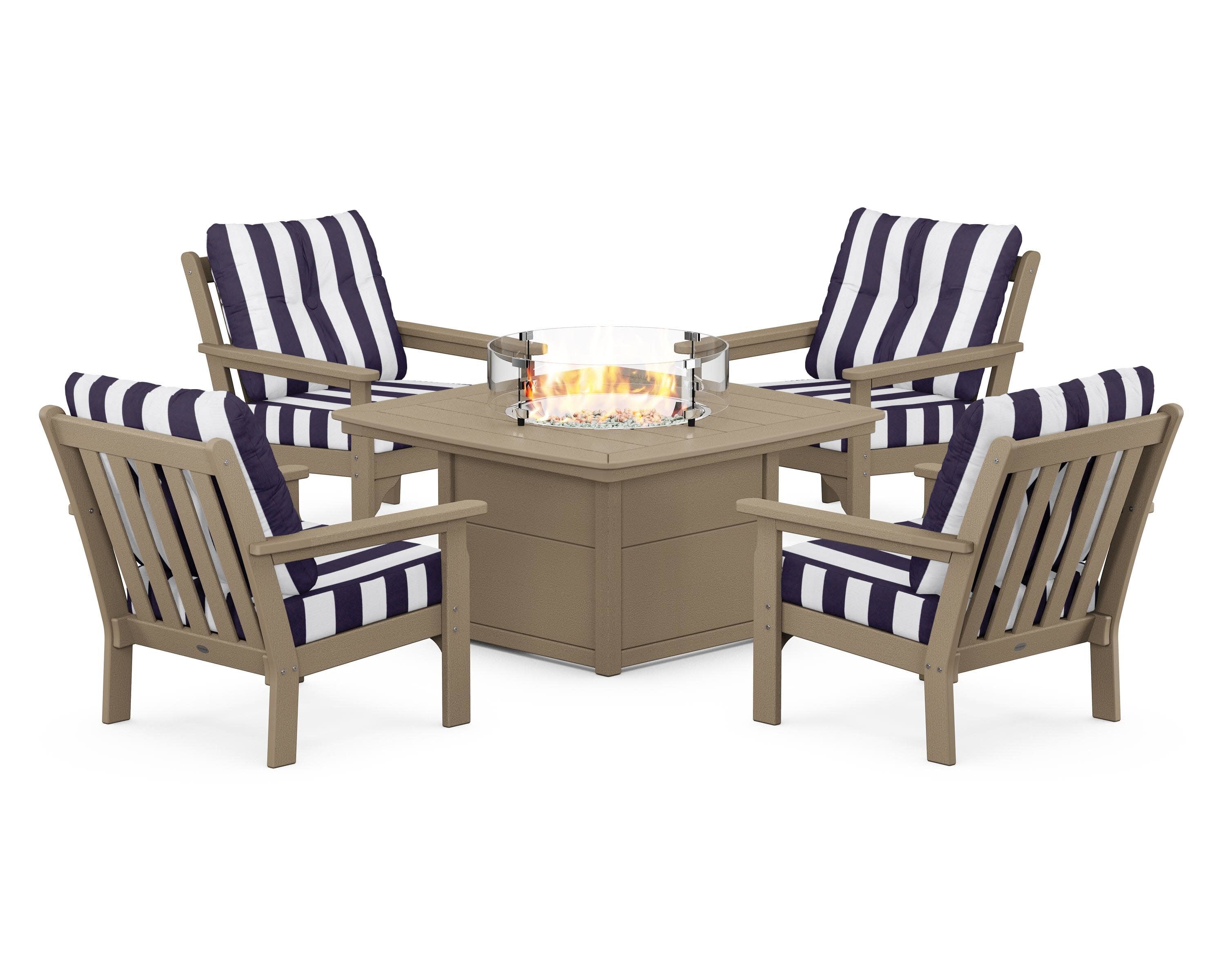 Vineyard 5-Piece Conversation Set with Fire Pit Table in Vintage Sahara / Cabana Stripe Navy