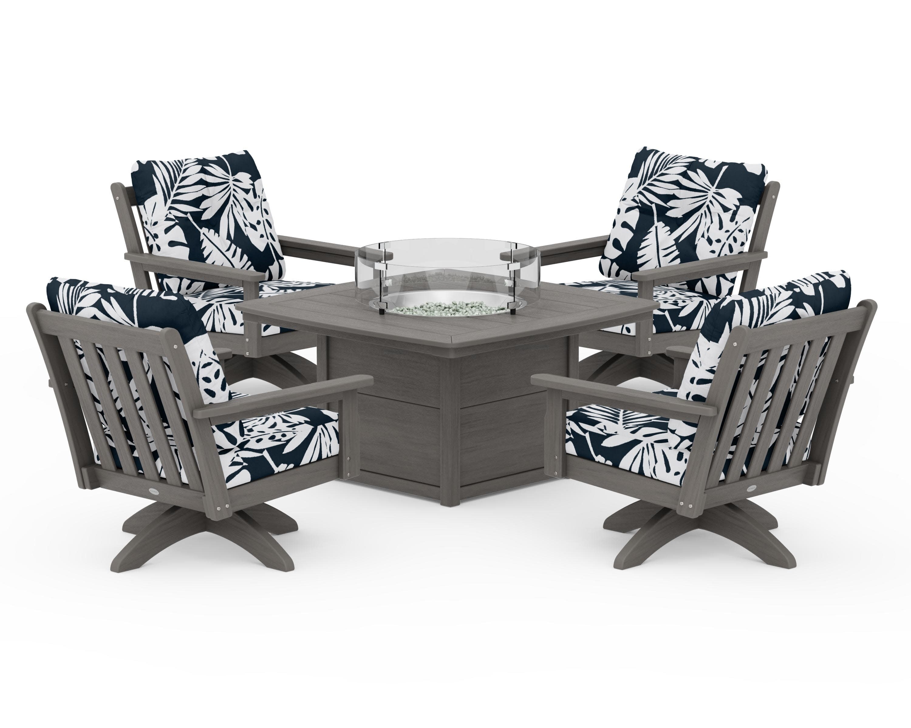 Vineyard 5-Piece Deep Seating Swivel Conversation Set with Fire Pit Table in Driftwood / Leaf Marine Indigo