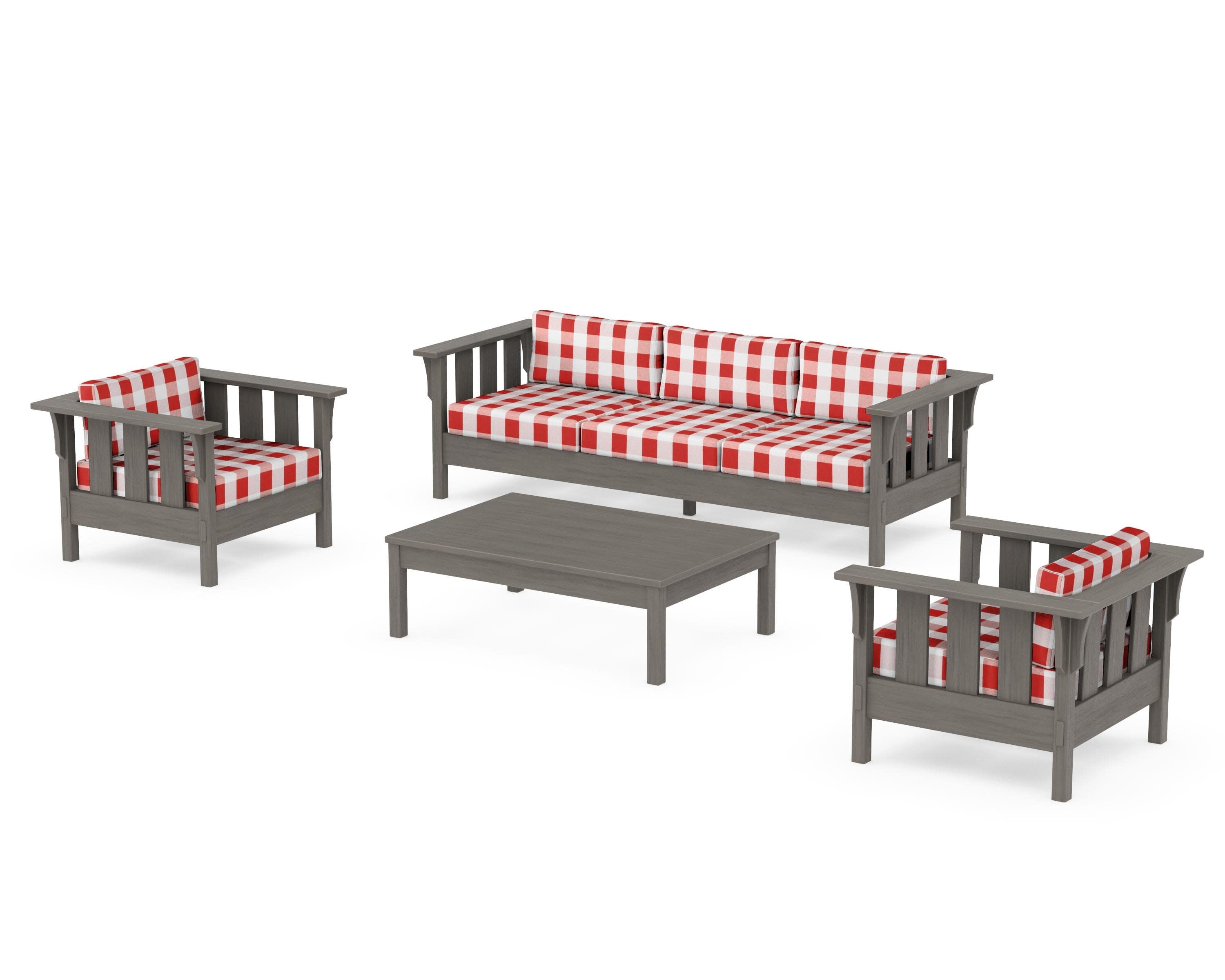 Acadia 4-Piece Deep Seating Set with Sofa in Driftwood / Buffalo Plaid Crimson