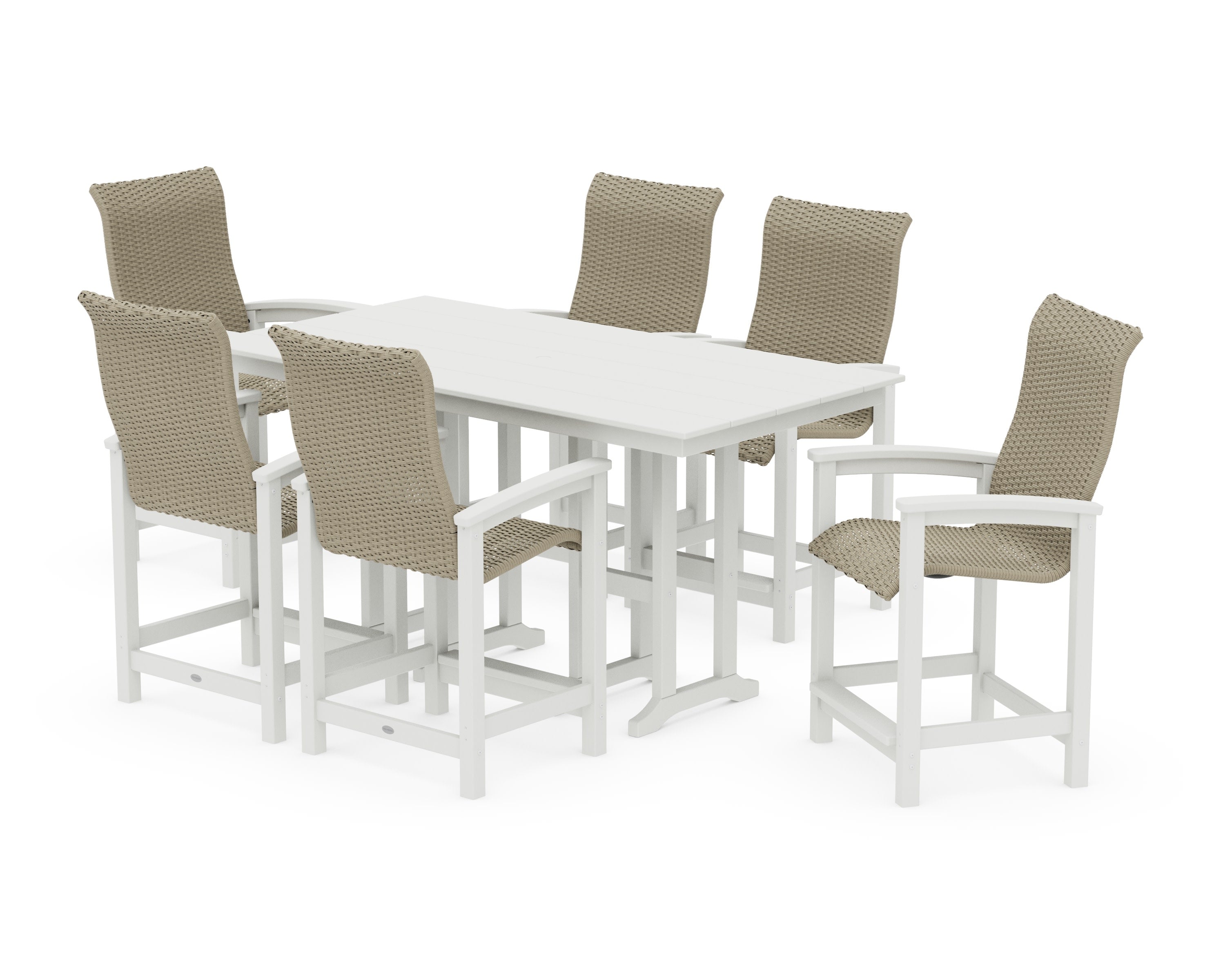 Coastal Woven High-Back Arm Chair 7-Piece Farmhouse Counter Set in Vintage White / Dune Grass