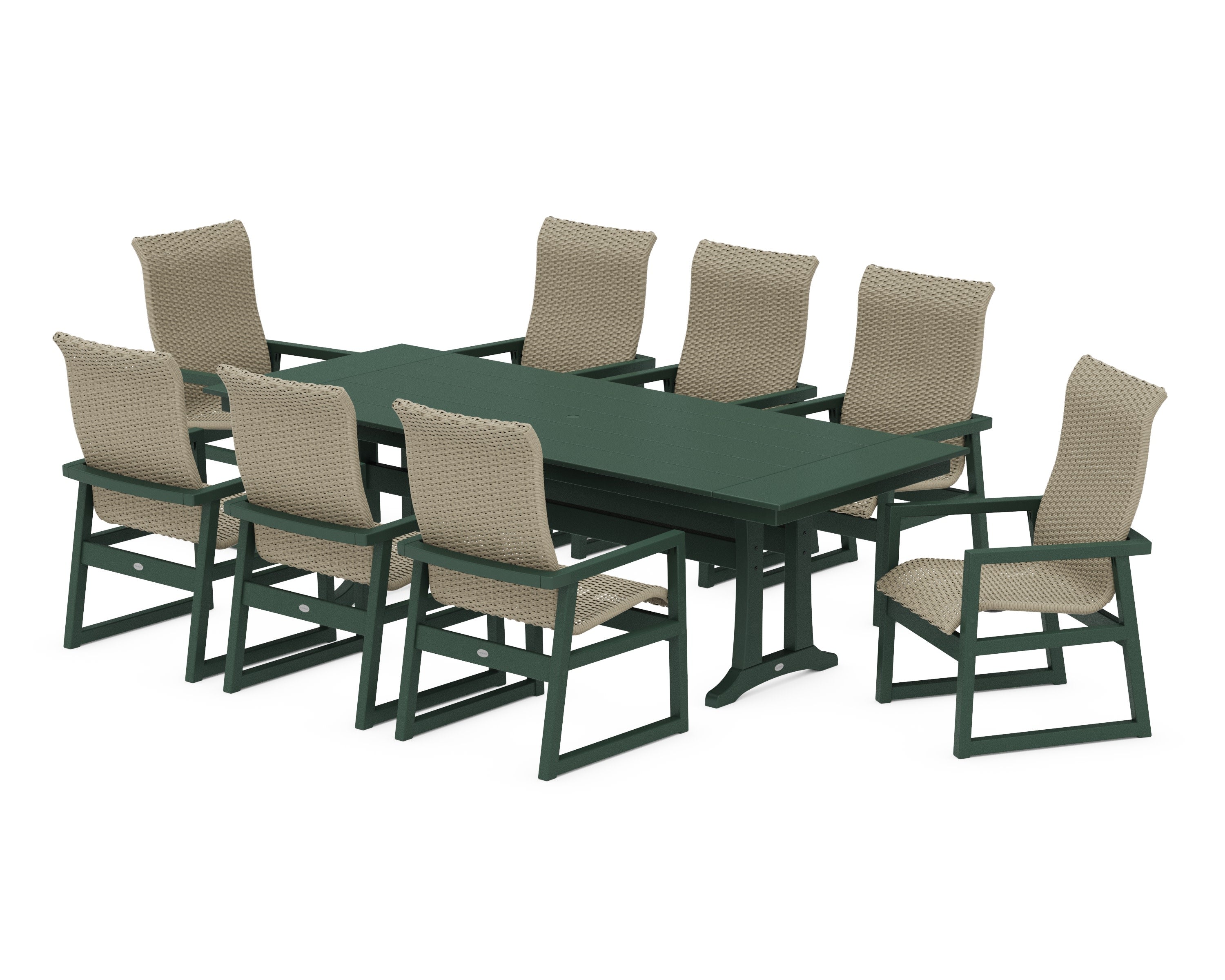 EDGE Woven Highback 9-Piece Farmhouse Dining Set with Trestle Legs in Green / Dune Grass