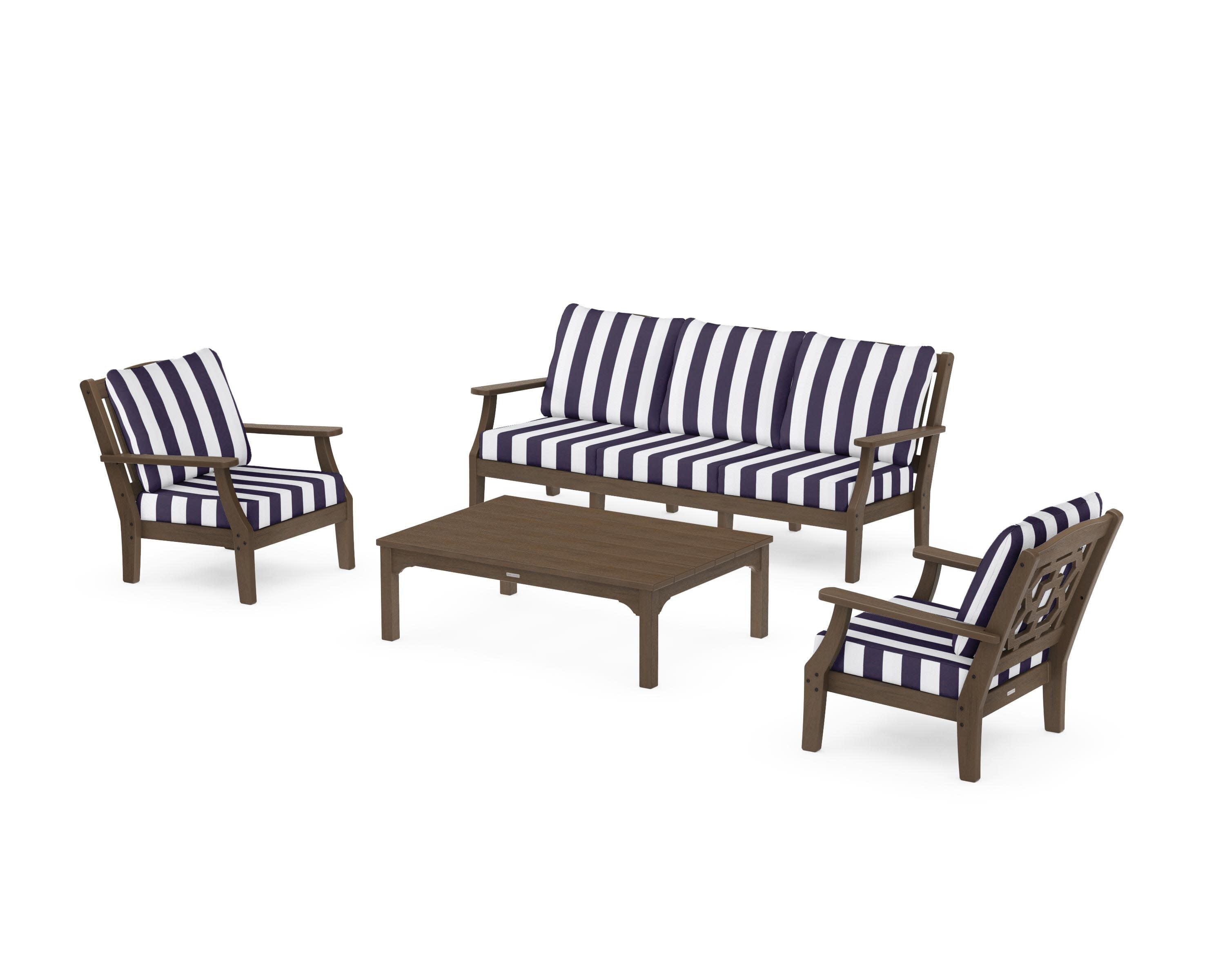 Chinoiserie 4-Piece Deep Seating Set with Sofa in Kona / Cabana Stripe Navy