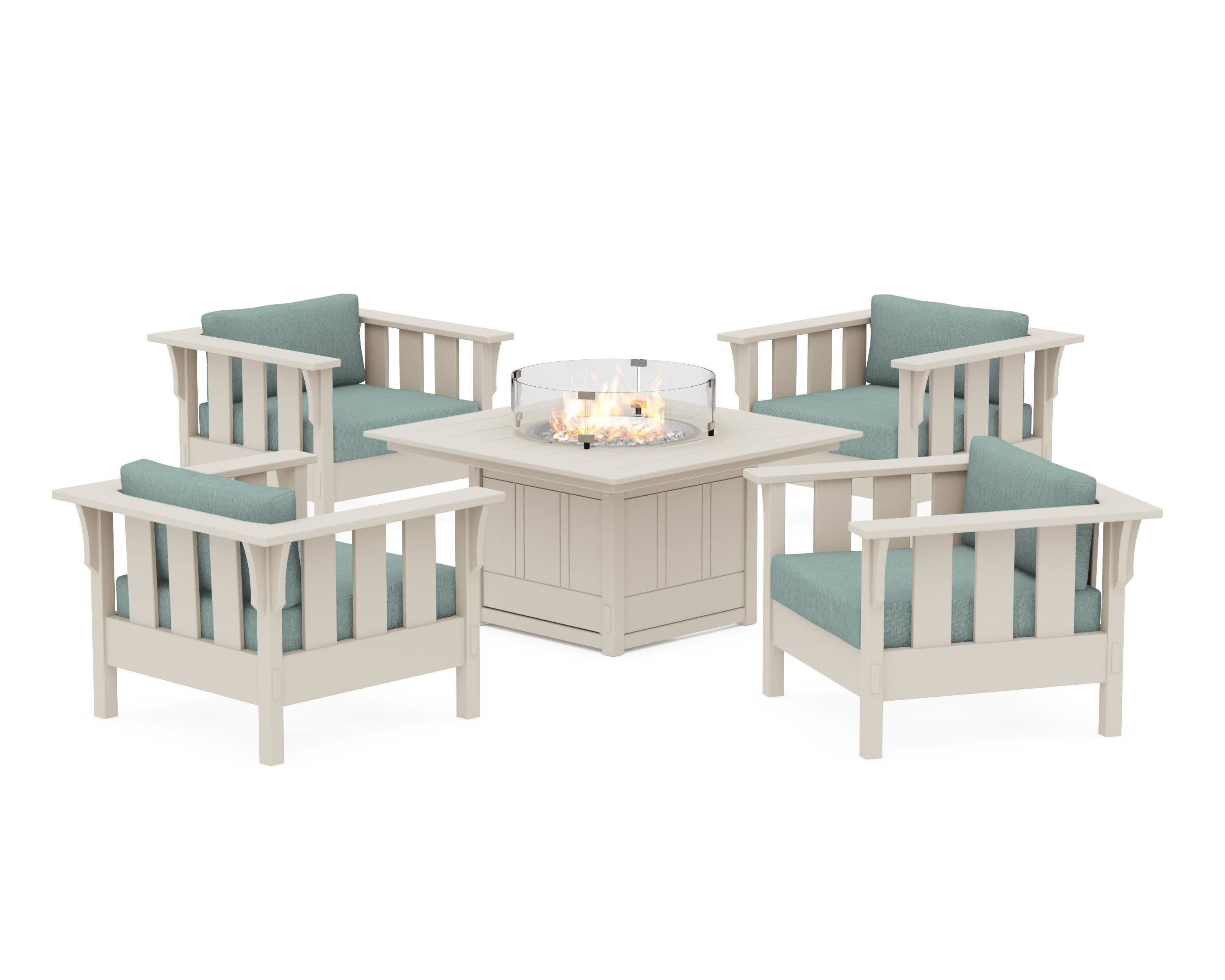 Acadia 5-Piece Deep Seating Set with Fire Pit Table in Sand / Glacier Spa