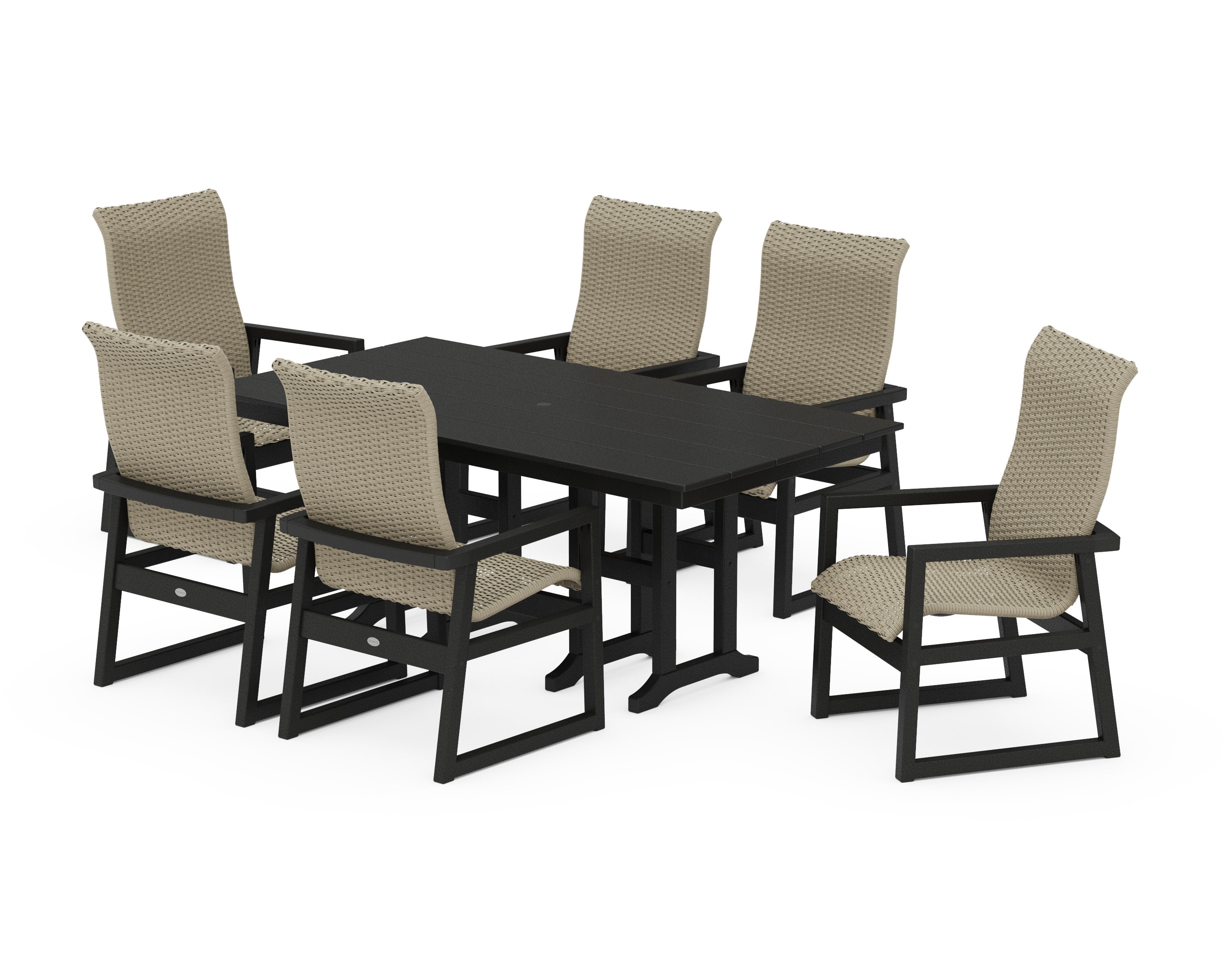 EDGE Woven Highback Arm Chair 7-Piece Farmhouse Dining Set in Black / Dune Grass