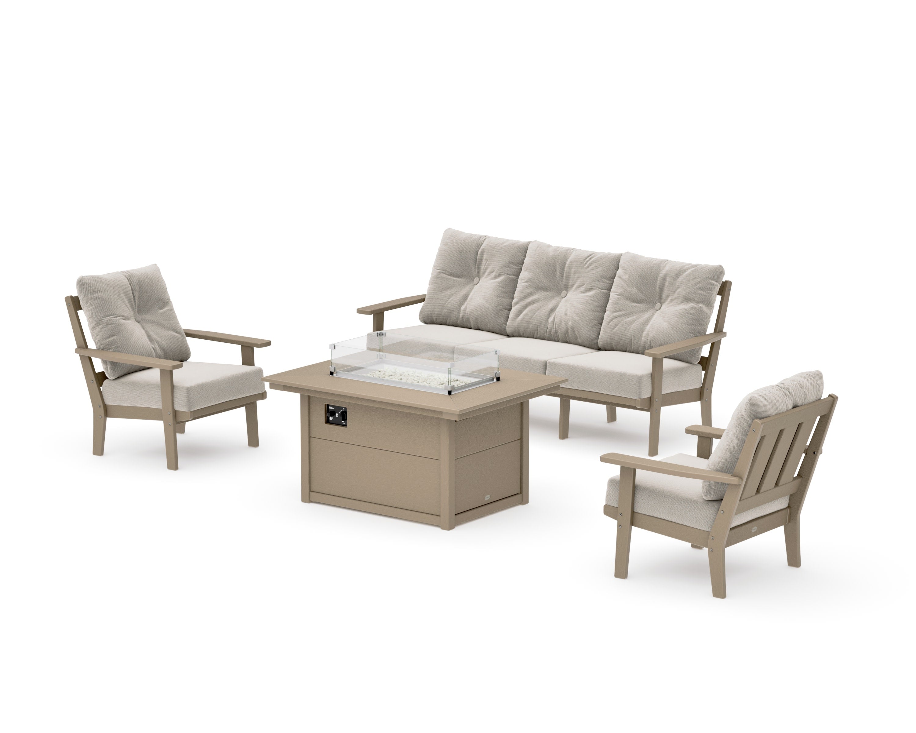 Oxford Deep Seating Fire Pit Table Set in Vintage Sahara / Dune Burlap
