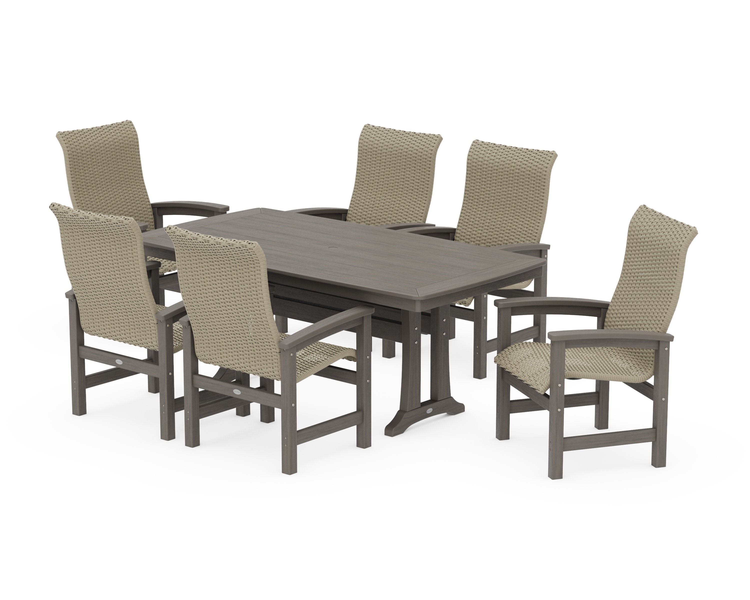 Coastal Woven High-Back Arm Chair 7-Piece Dining Set with Trestle Legs in Driftwood / Dune Grass