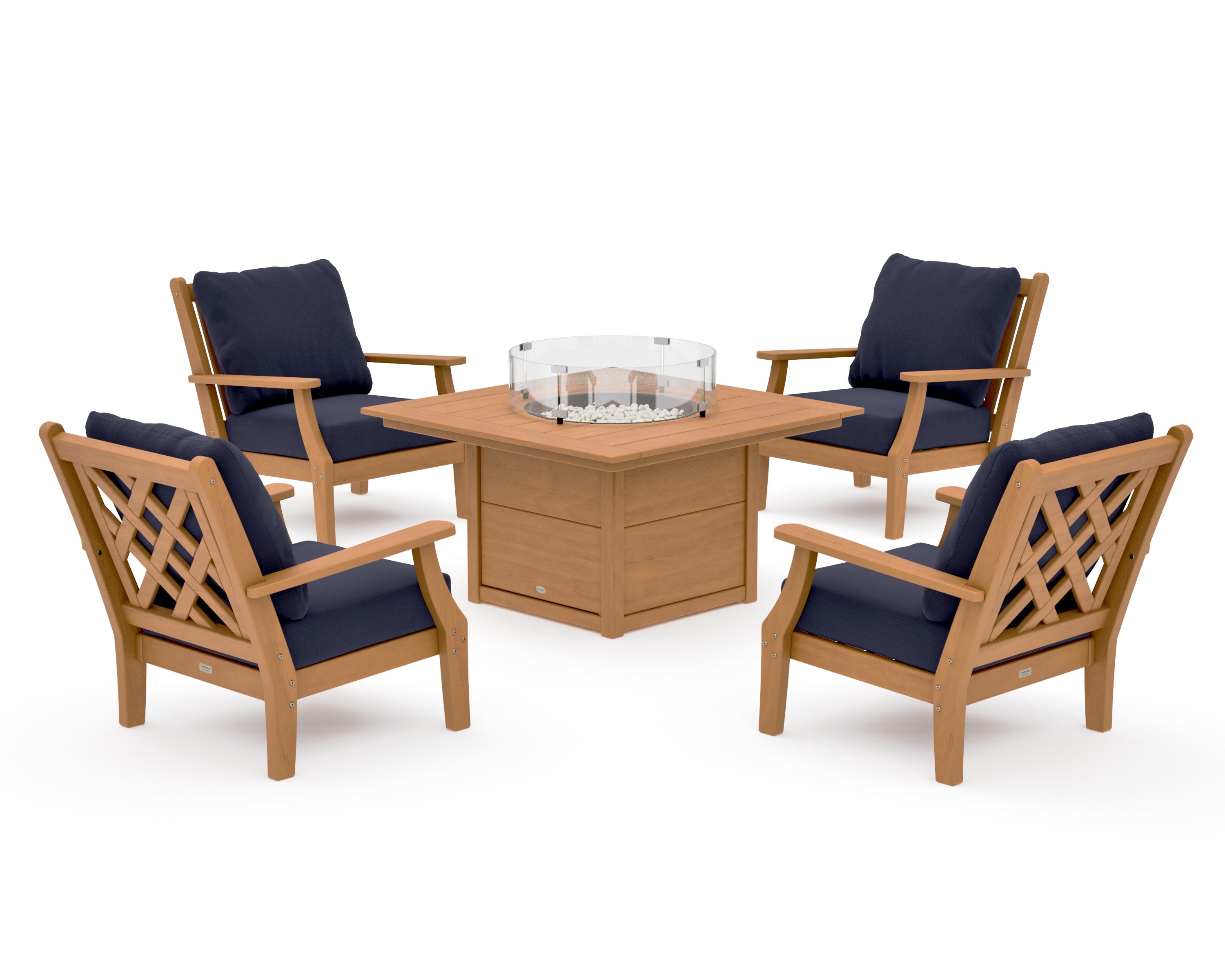 Wovendale 5-Piece Deep Seating Set with Fire Pit Table in Natural / Navy Linen