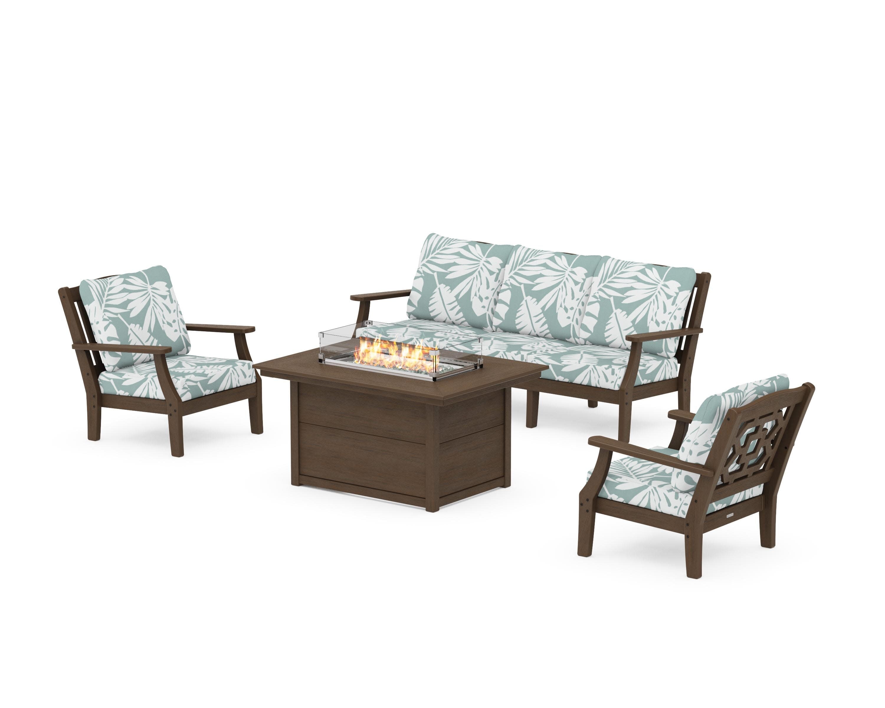 Chinoiserie Deep Seating Fire Pit Table Set in Kona / Leaf Glacier Spa