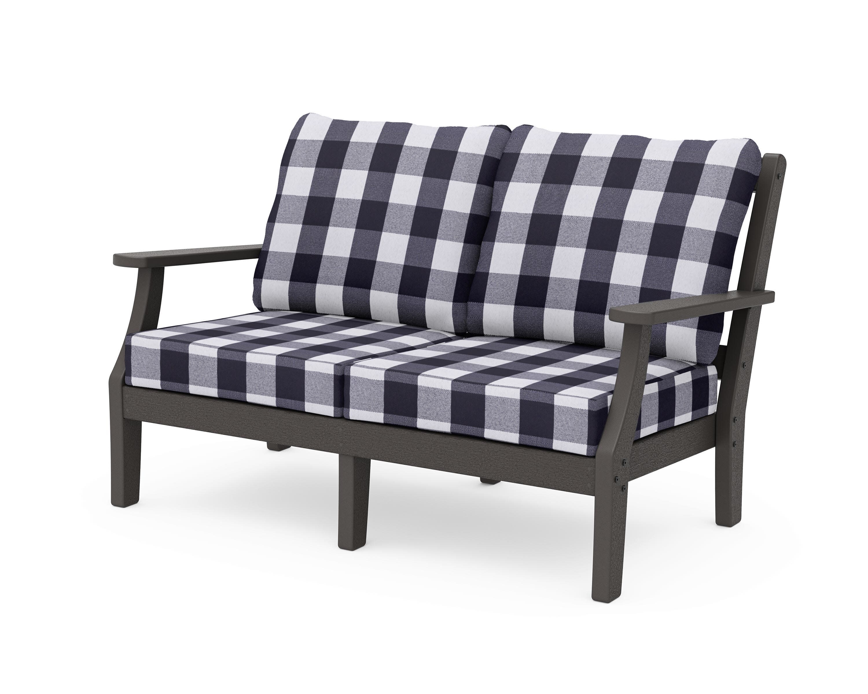 Chinoiserie Deep Seating Loveseat in Vintage Coffee / Buffalo Plaid Navy