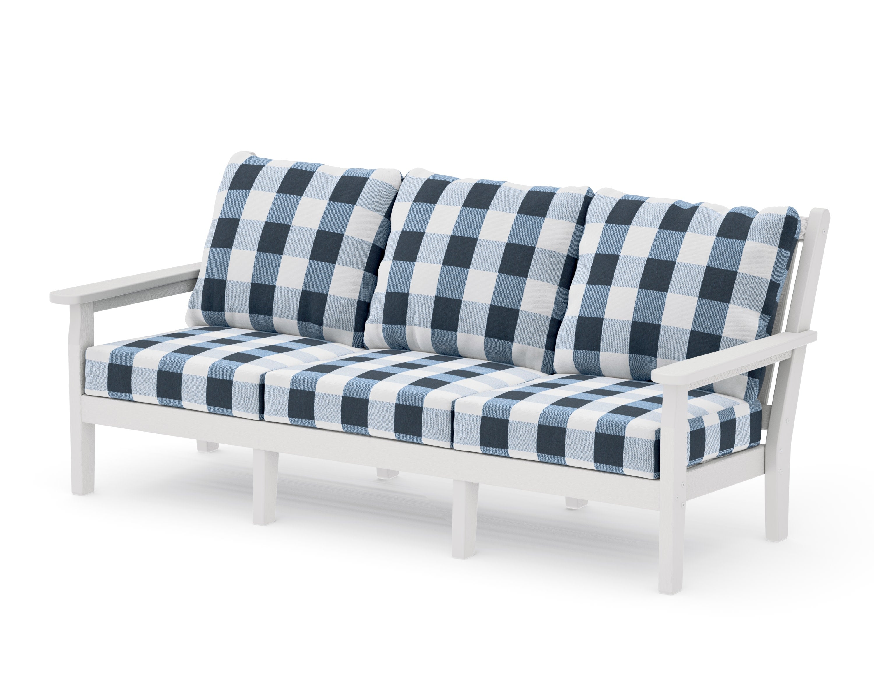 Chippendale Deep Seating Sofa in Vintage White / Buffalo Plaid Marine Indigo