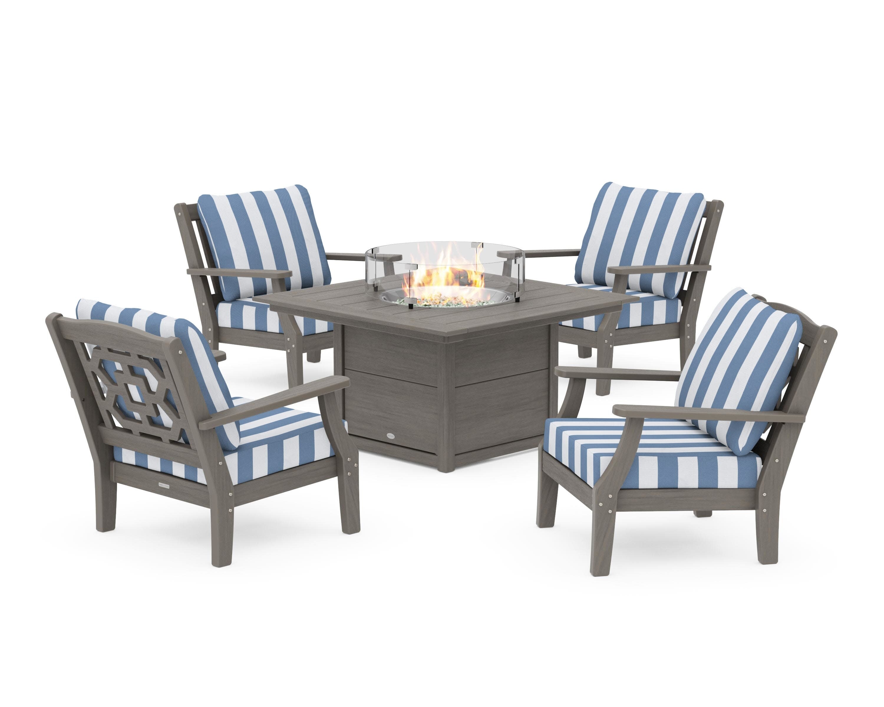 Chinoiserie 5-Piece Deep Seating Set with Fire Pit Table in Driftwood / Cabana Stripe Sky Blue