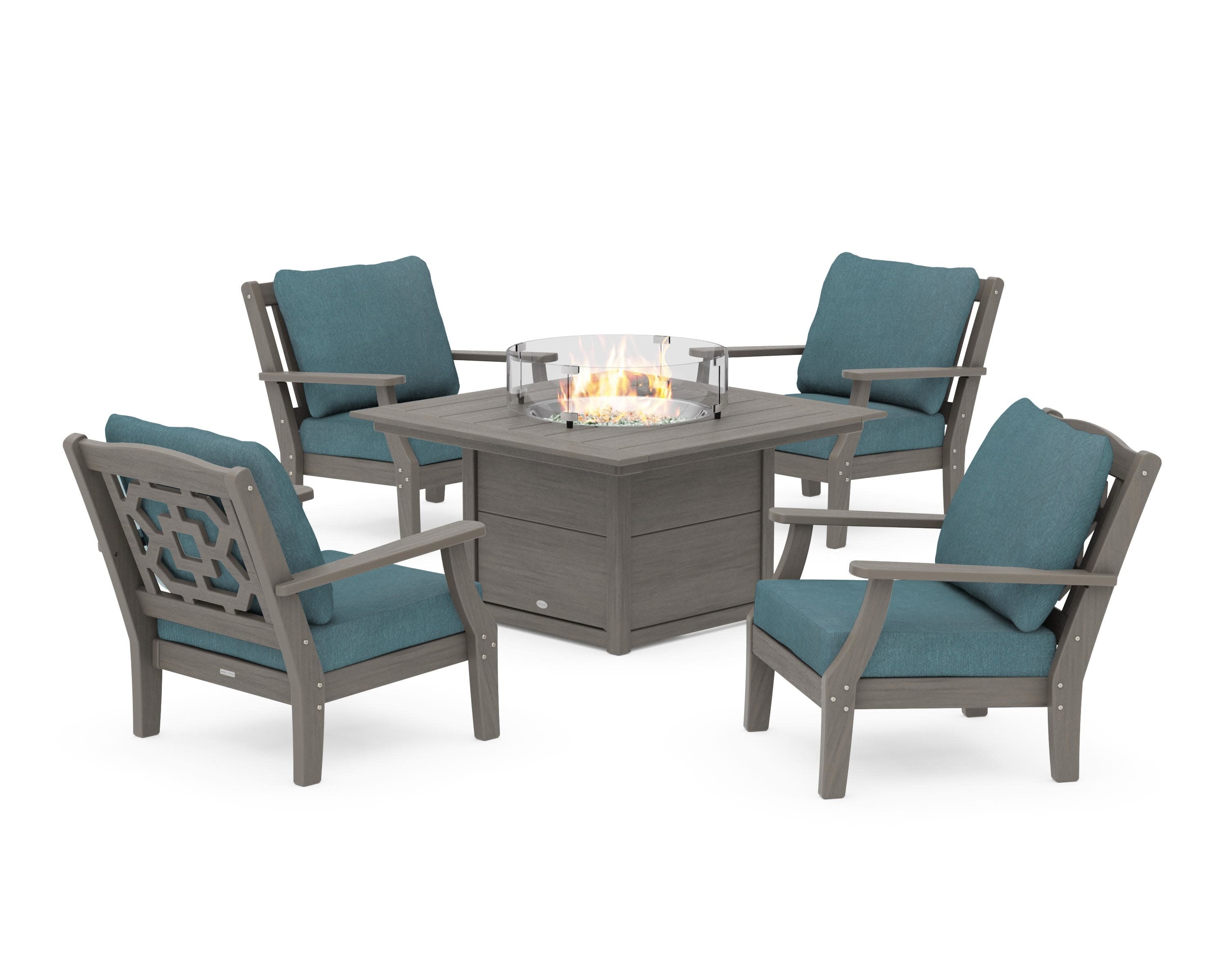 Chinoiserie 5-Piece Deep Seating Set with Fire Pit Table in Driftwood / Ocean Teal