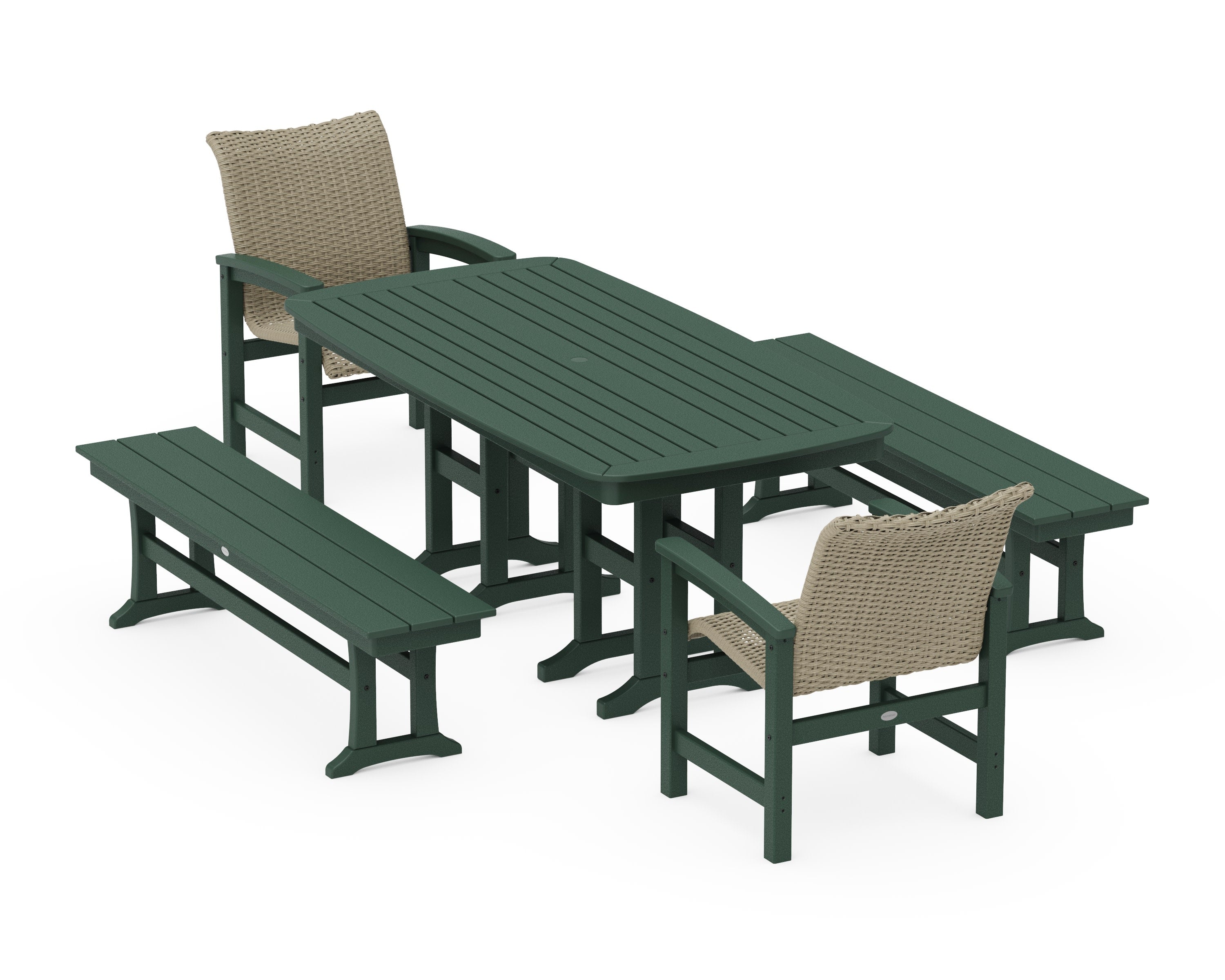 Coastal Woven 5-Piece Dining Set with Benches in Green / Dune Grass