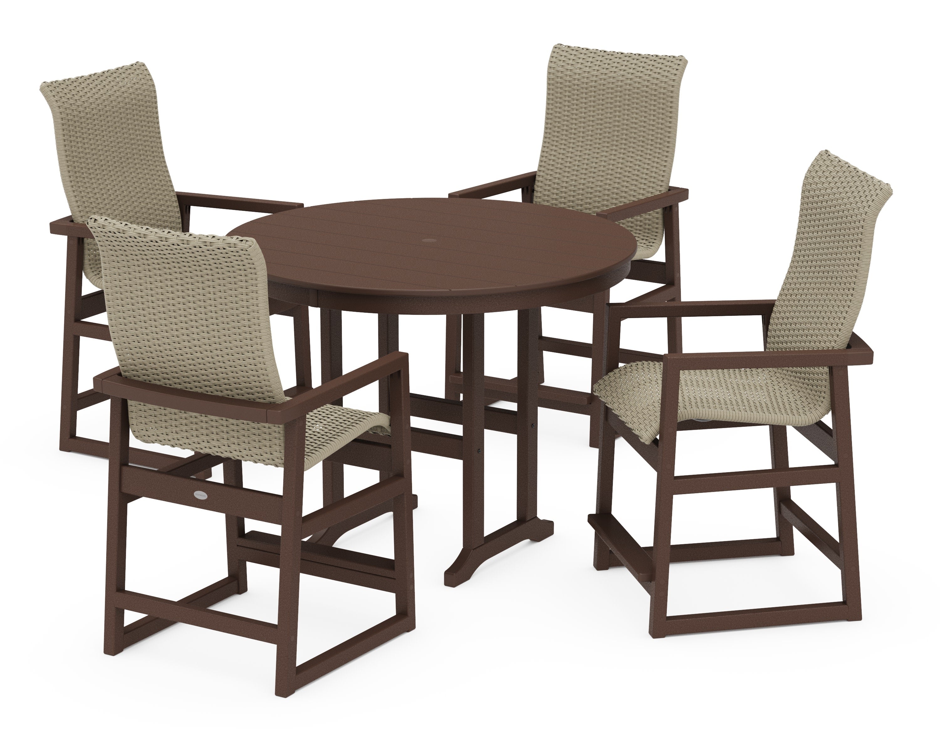 EDGE Woven Highback 5-Piece Round Farmhouse Counter Set in Mahogany / Dune Grass