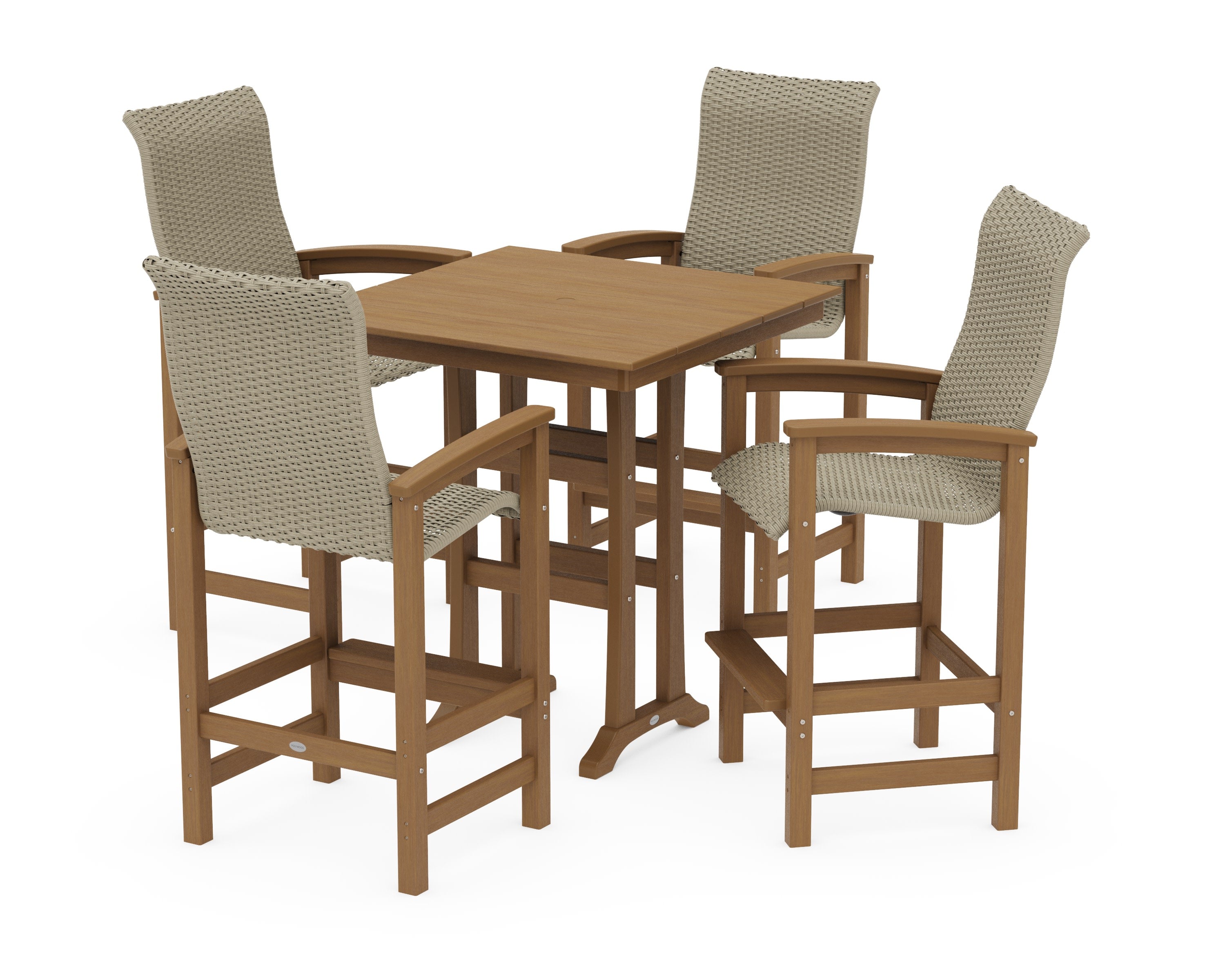 Coastal Woven High-Back 5-Piece Farmhouse Bar Set with Trestle Legs in Natural / Dune Grass