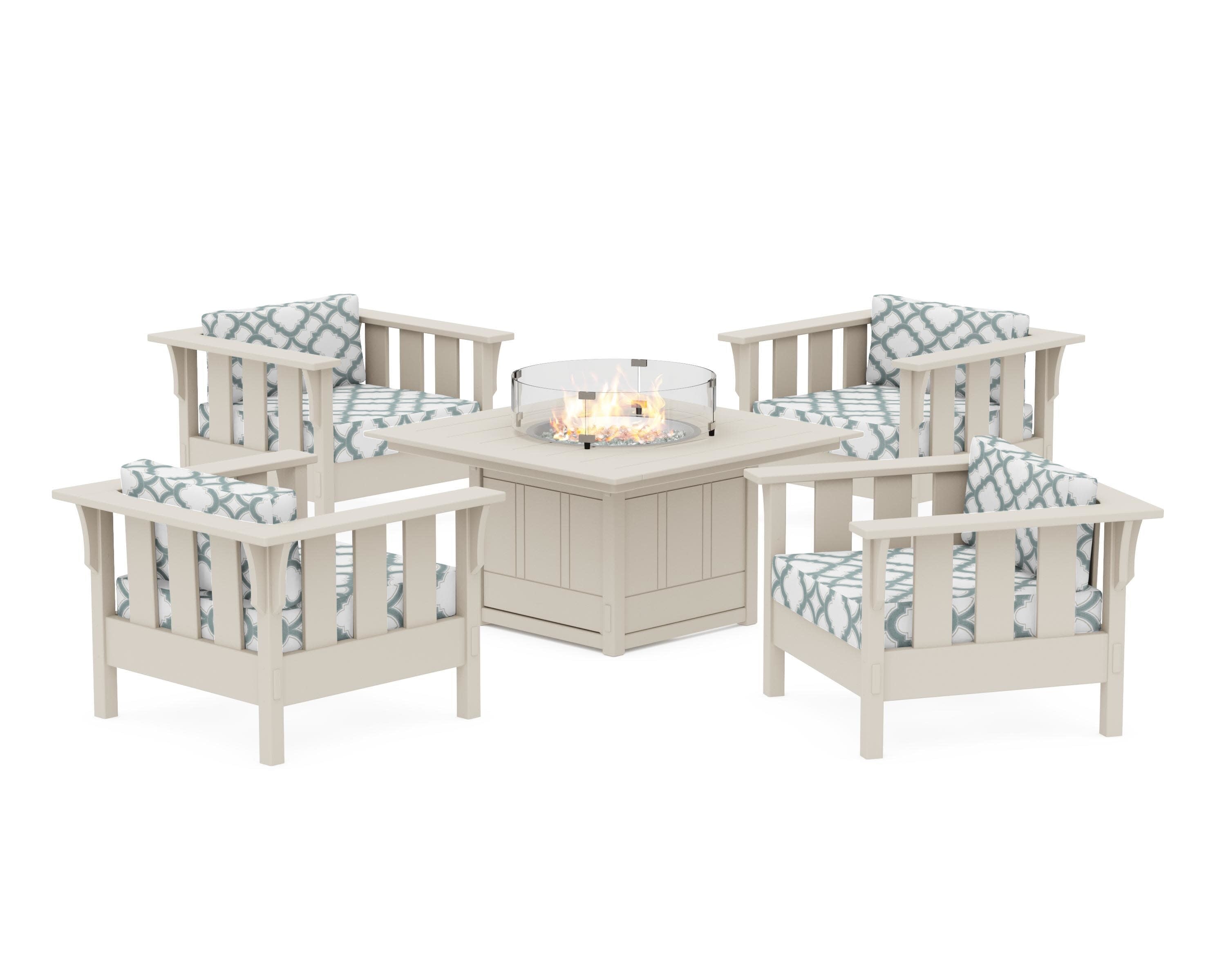 Acadia 5-Piece Deep Seating Set with Fire Pit Table in Sand / Trellis Glacier Spa