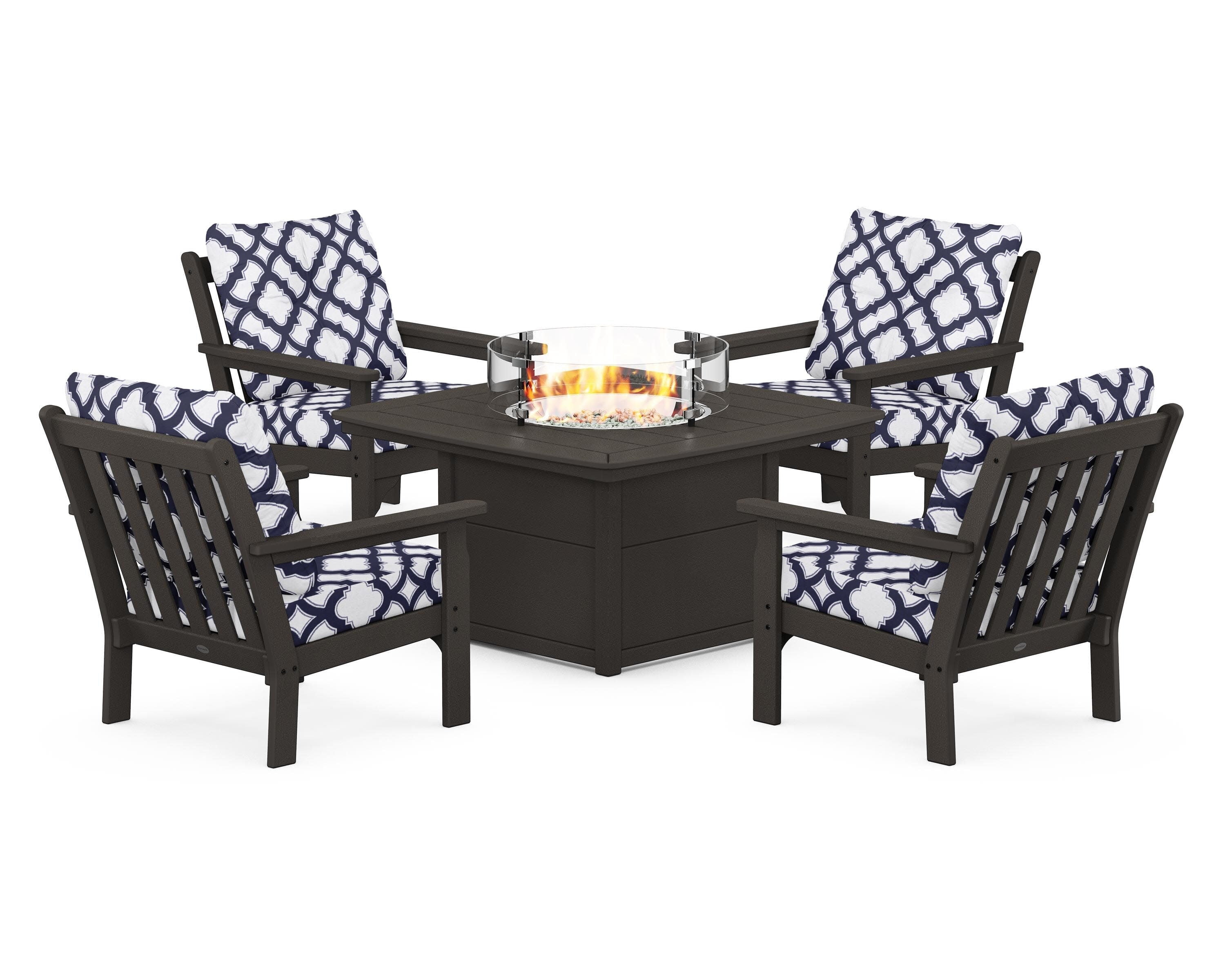 Vineyard 5-Piece Conversation Set with Fire Pit Table in Vintage Coffee / Trellis Navy