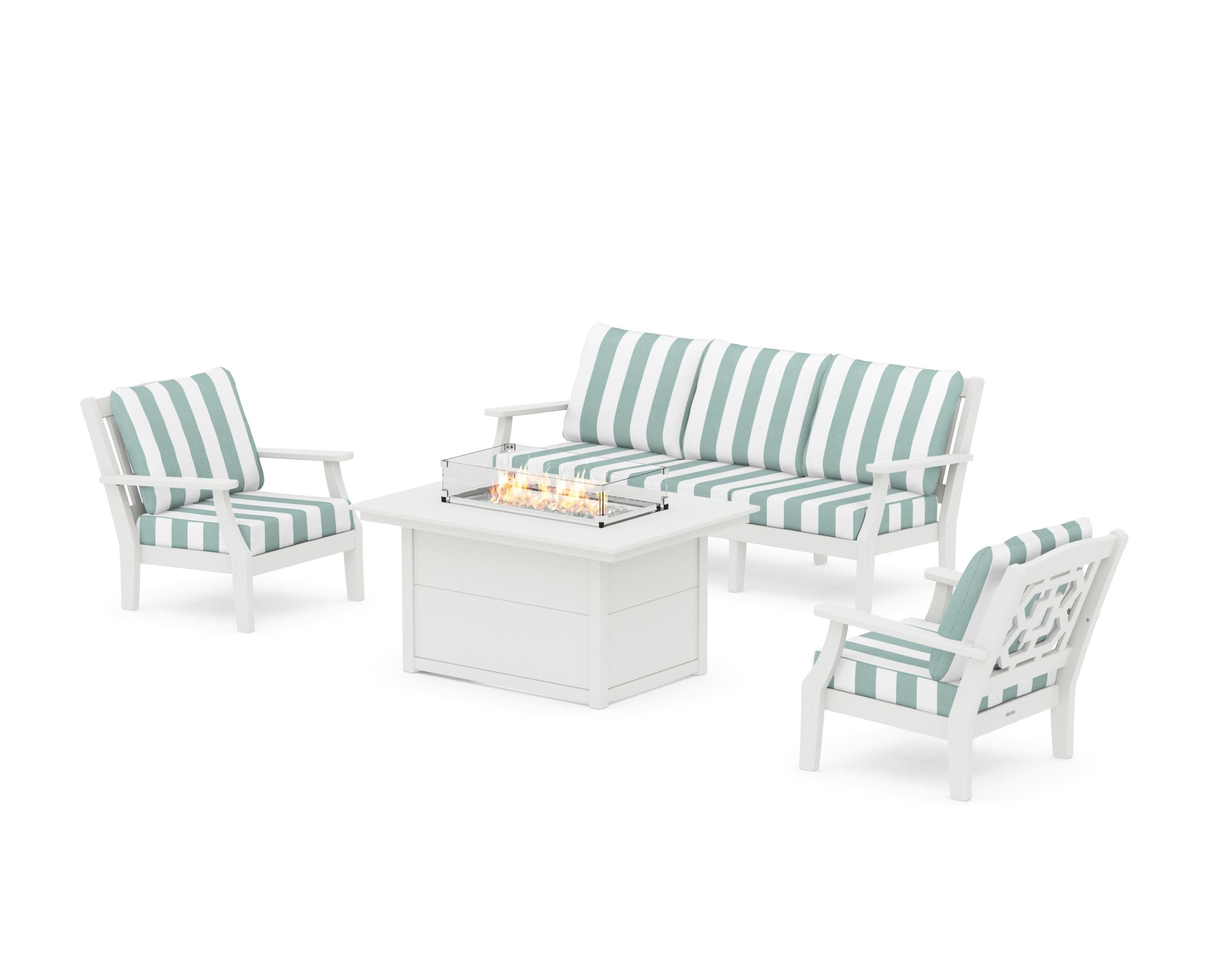 Chinoiserie Deep Seating Fire Pit Table Set in Vintage White / Cabana Stripe Glacier Spa