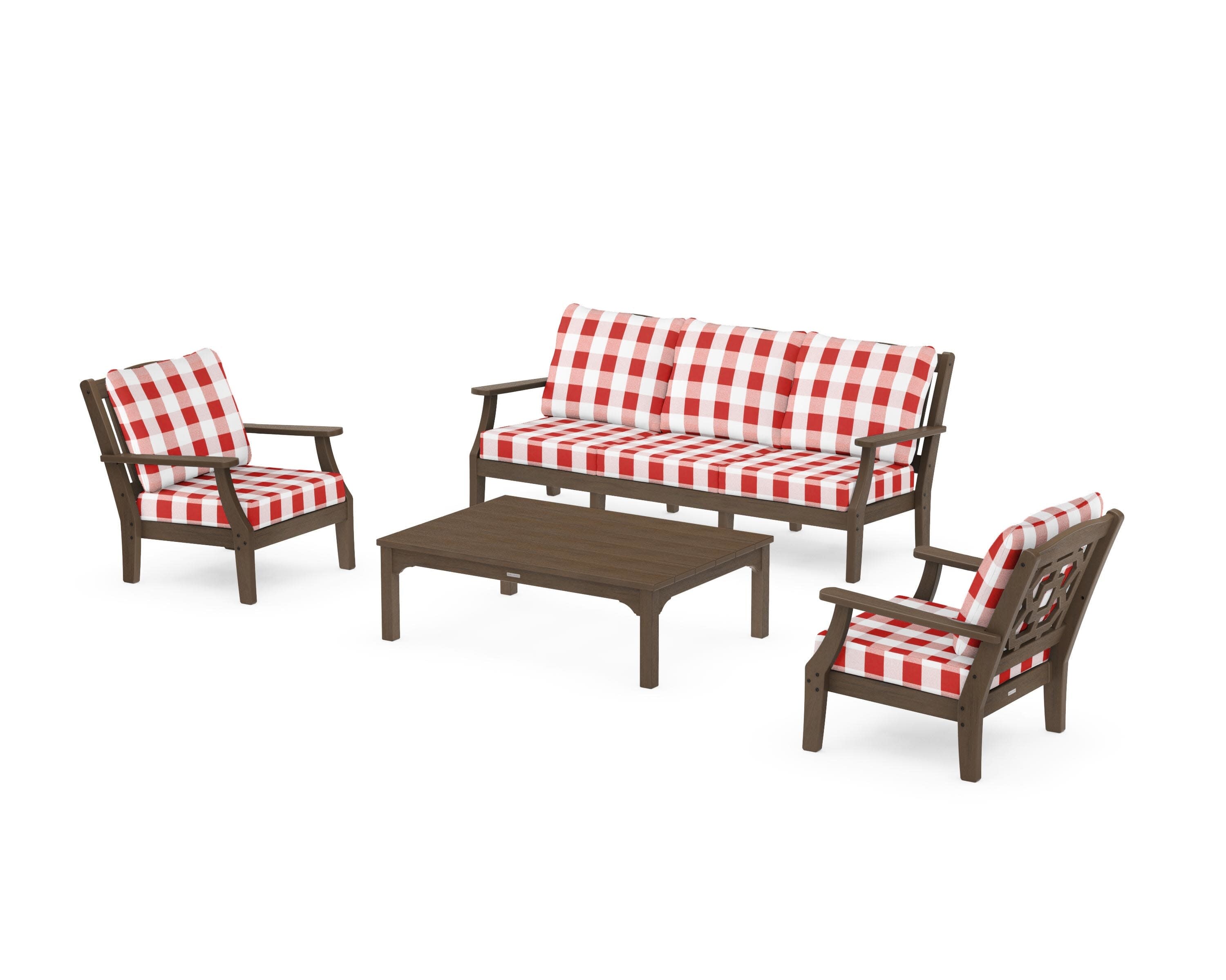 Chinoiserie 4-Piece Deep Seating Set with Sofa in Kona / Buffalo Plaid Crimson