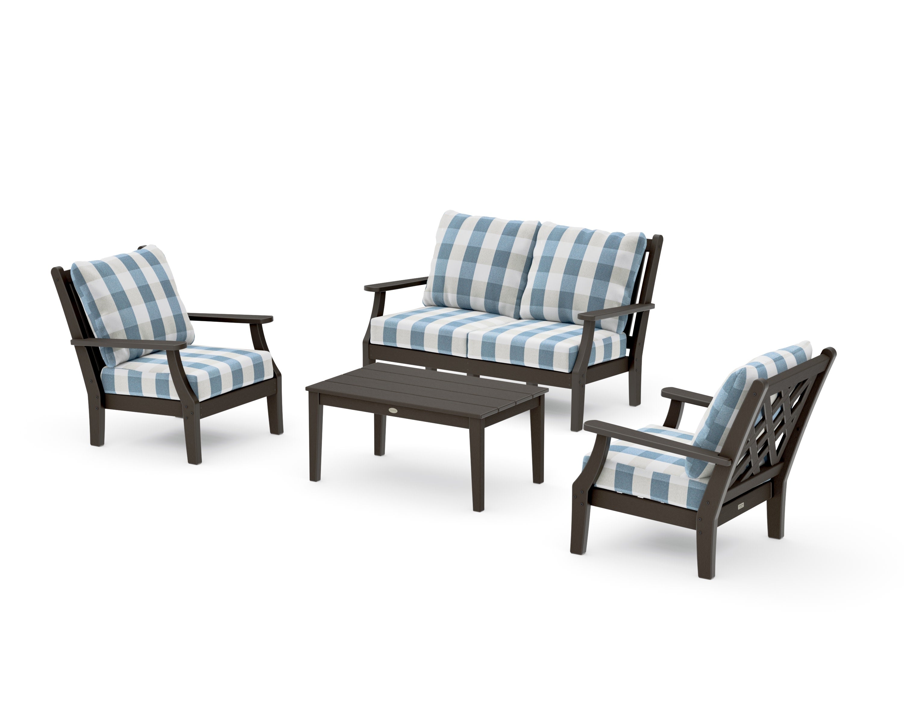 Wovendale 4-Piece Deep Seating Set with Loveseat in Vintage Coffee / Buffalo Plaid Sky Blue
