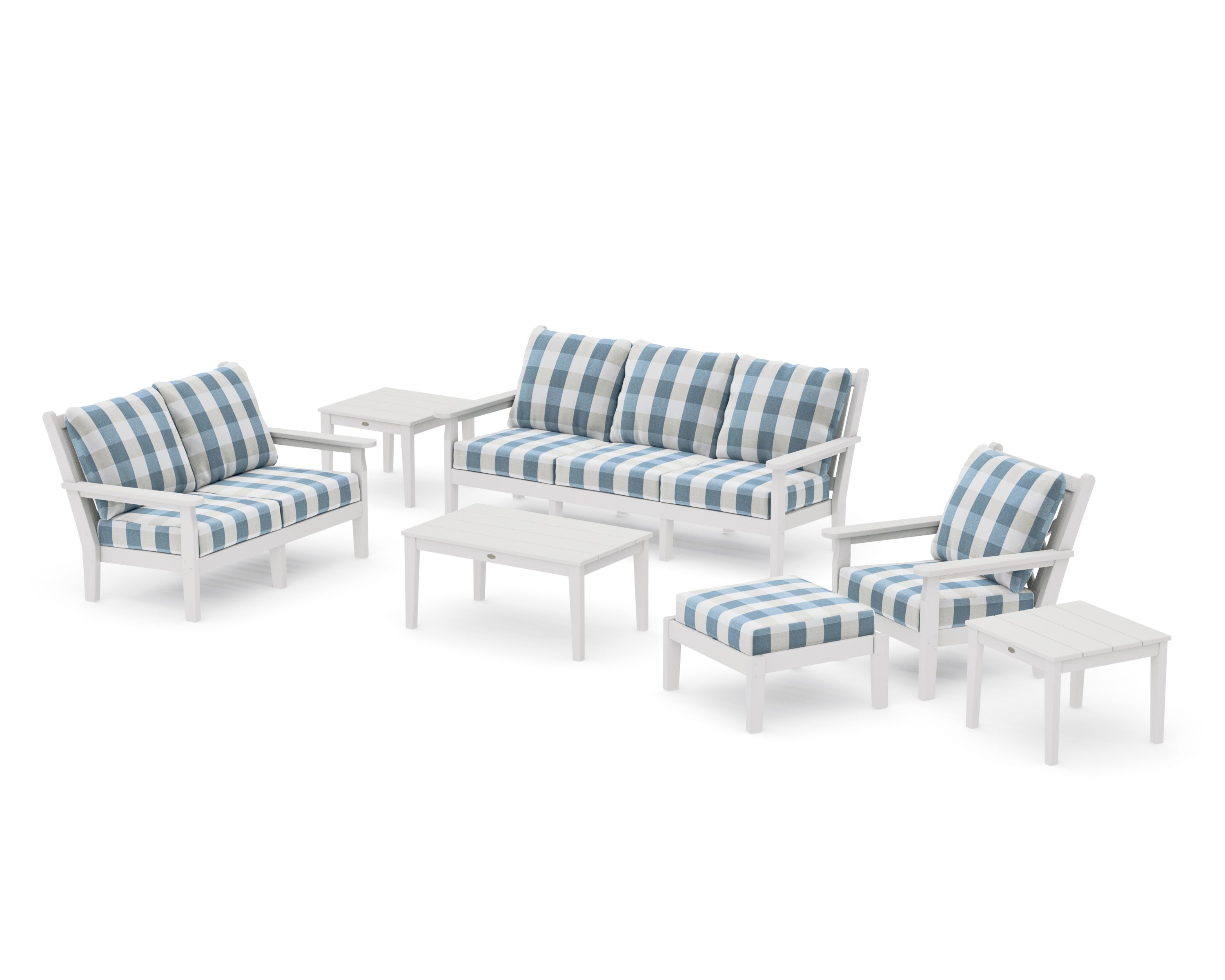 Chippendale 7-Piece Deep Seating Set in Vintage White / Buffalo Plaid Sky Blue