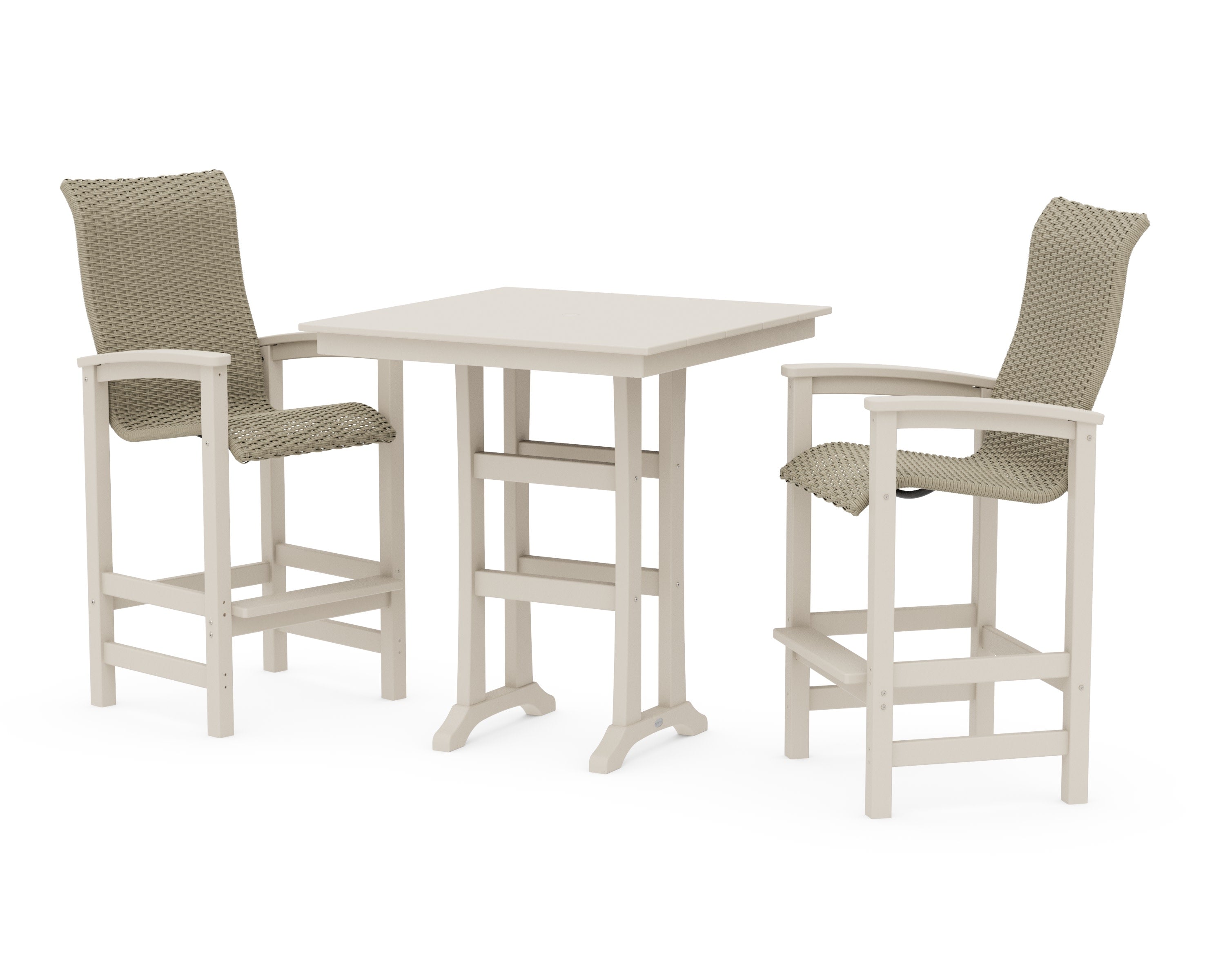 Coastal Woven High-Back 3-Piece Farmhouse Bar Set with Trestle Legs in Sand / Dune Grass