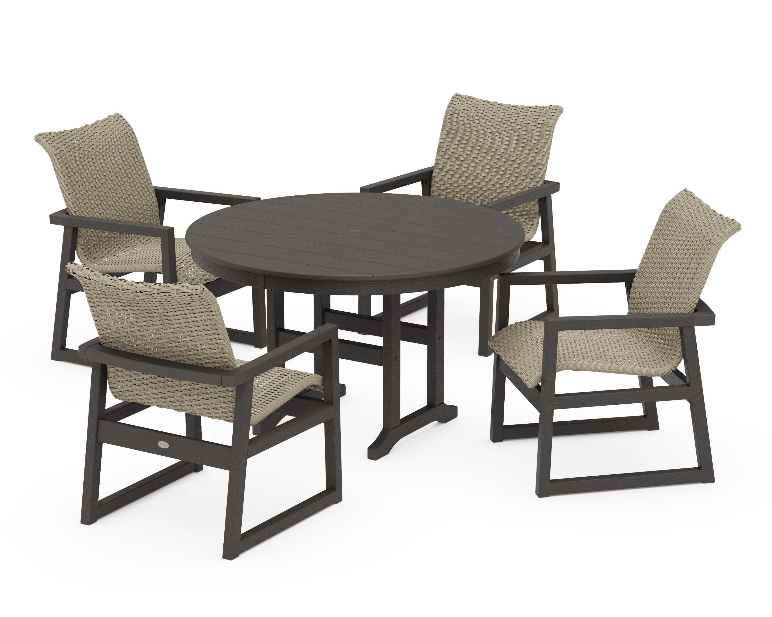 EDGE Woven 5-Piece Round Farmhouse Dining Set in Vintage Coffee / Dune Grass