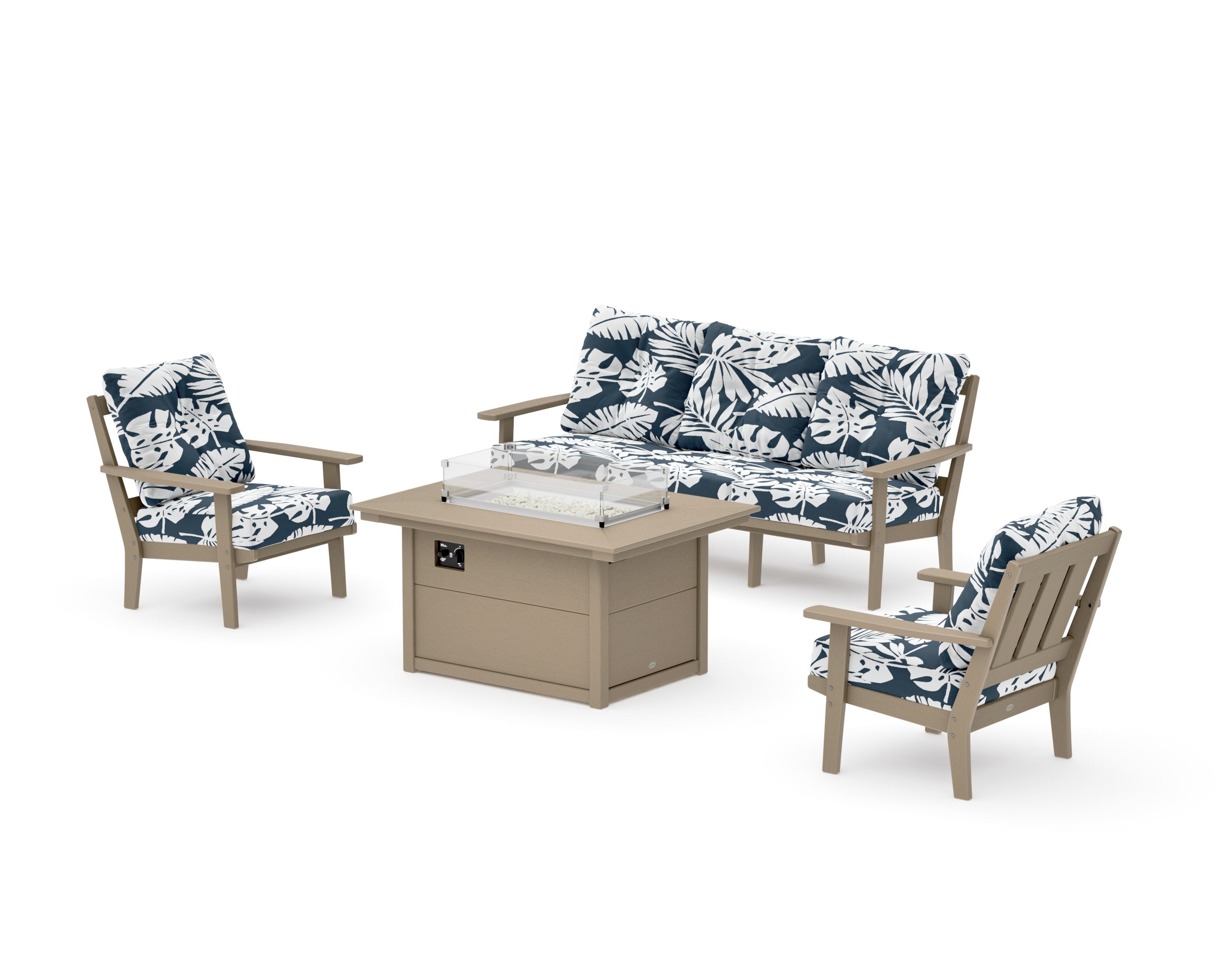 Oxford Deep Seating Fire Pit Table Set in Vintage Sahara / Leaf Marine Indigo