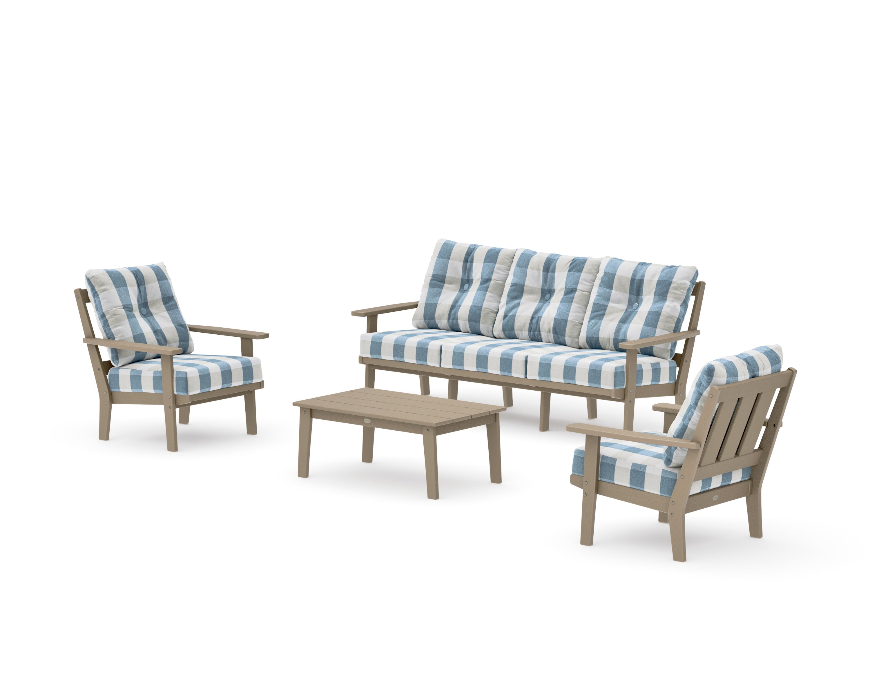 Oxford 4-Piece Deep Seating Set with Sofa in Vintage Sahara / Buffalo Plaid Sky Blue