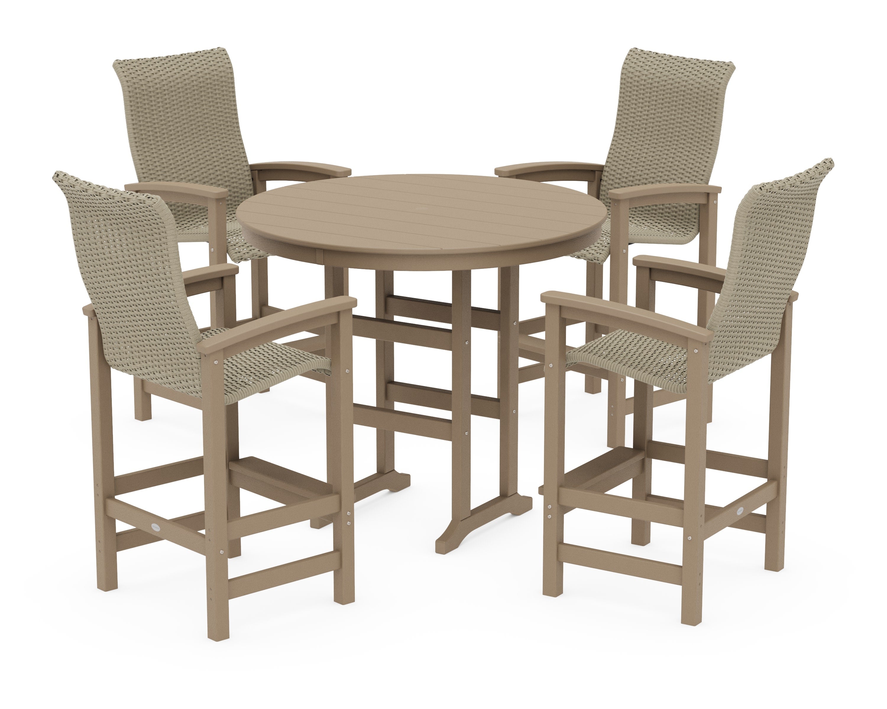 Coastal Woven High-Back 5-Piece Round Farmhouse Bar Set in Vintage Sahara / Dune Grass