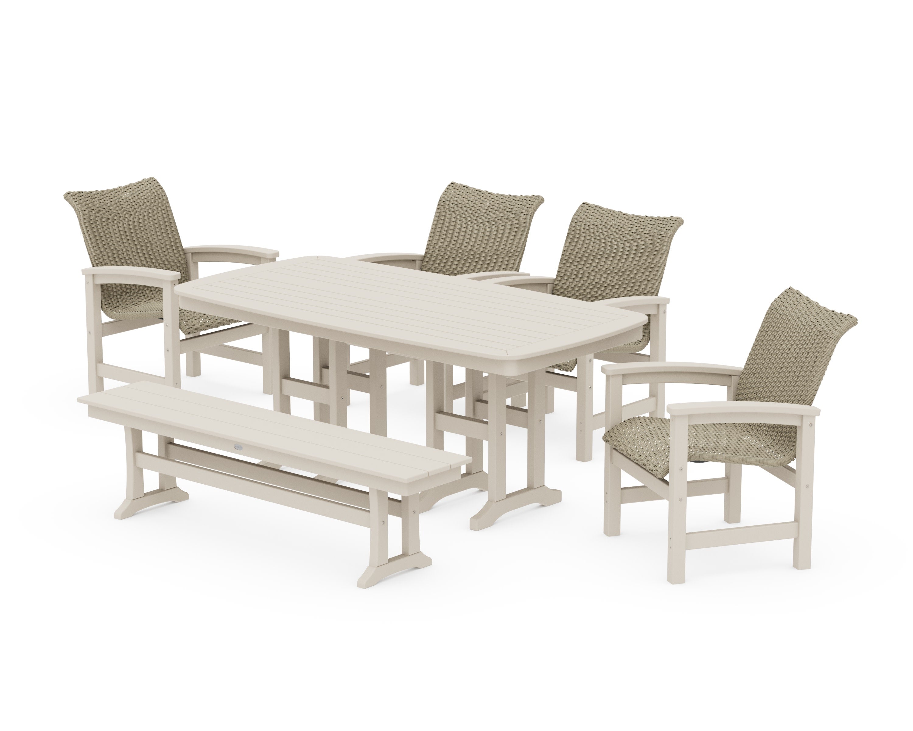 Coastal Woven 6-Piece Farmhouse Dining Set with Bench in Sand / Dune Grass