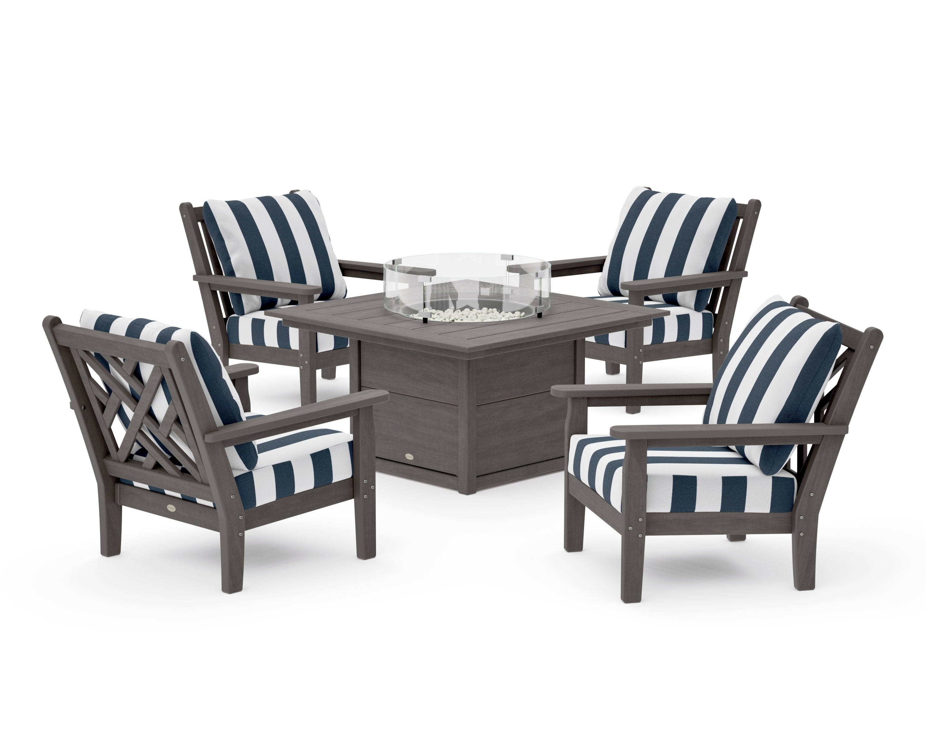 Chippendale 5-Piece Deep Seating Set with Fire Pit Table in Driftwood / Cabana Stripe Marine Indigo