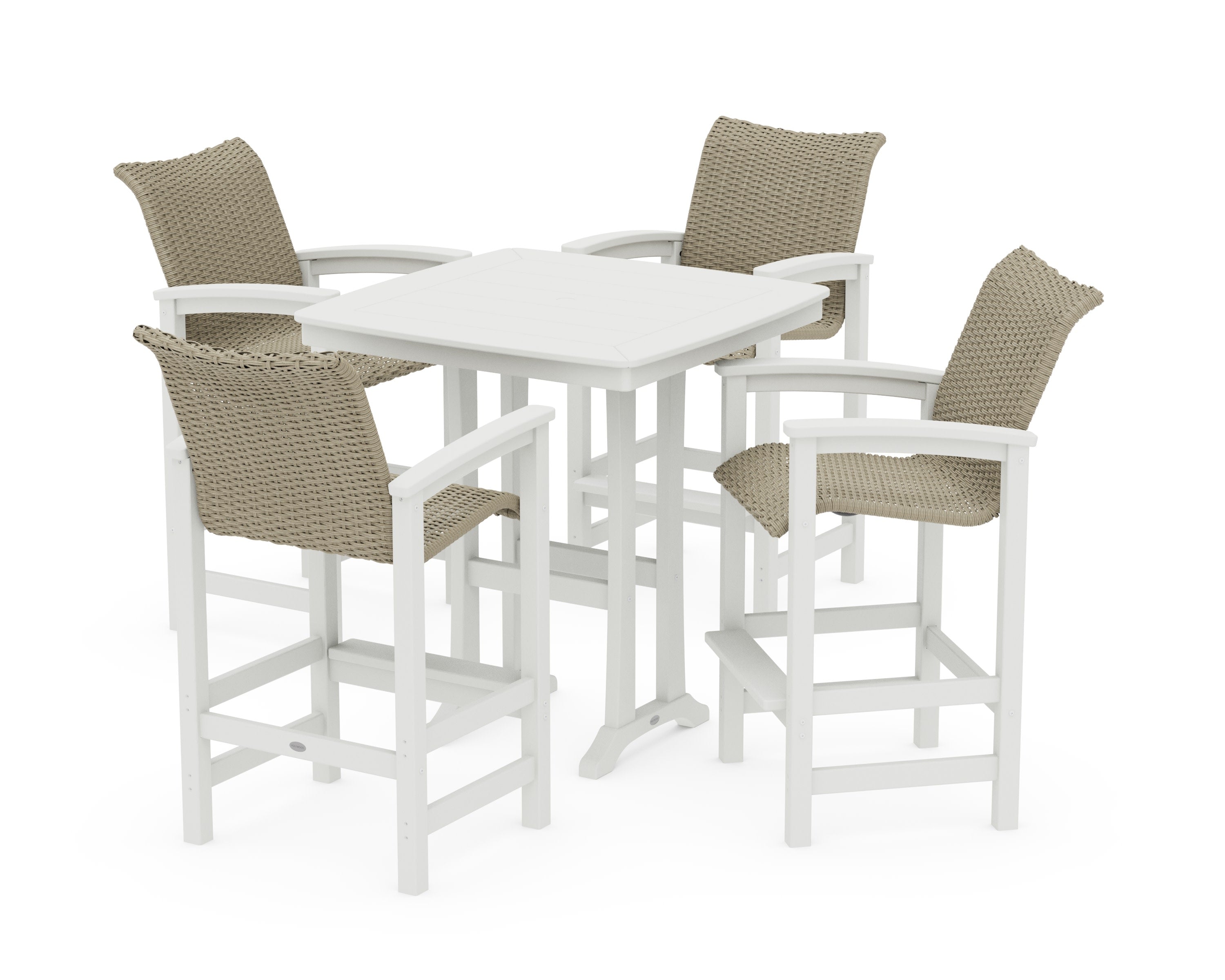 Coastal Woven 5-Piece Bar Set with Trestle Legs in Vintage White / Dune Grass