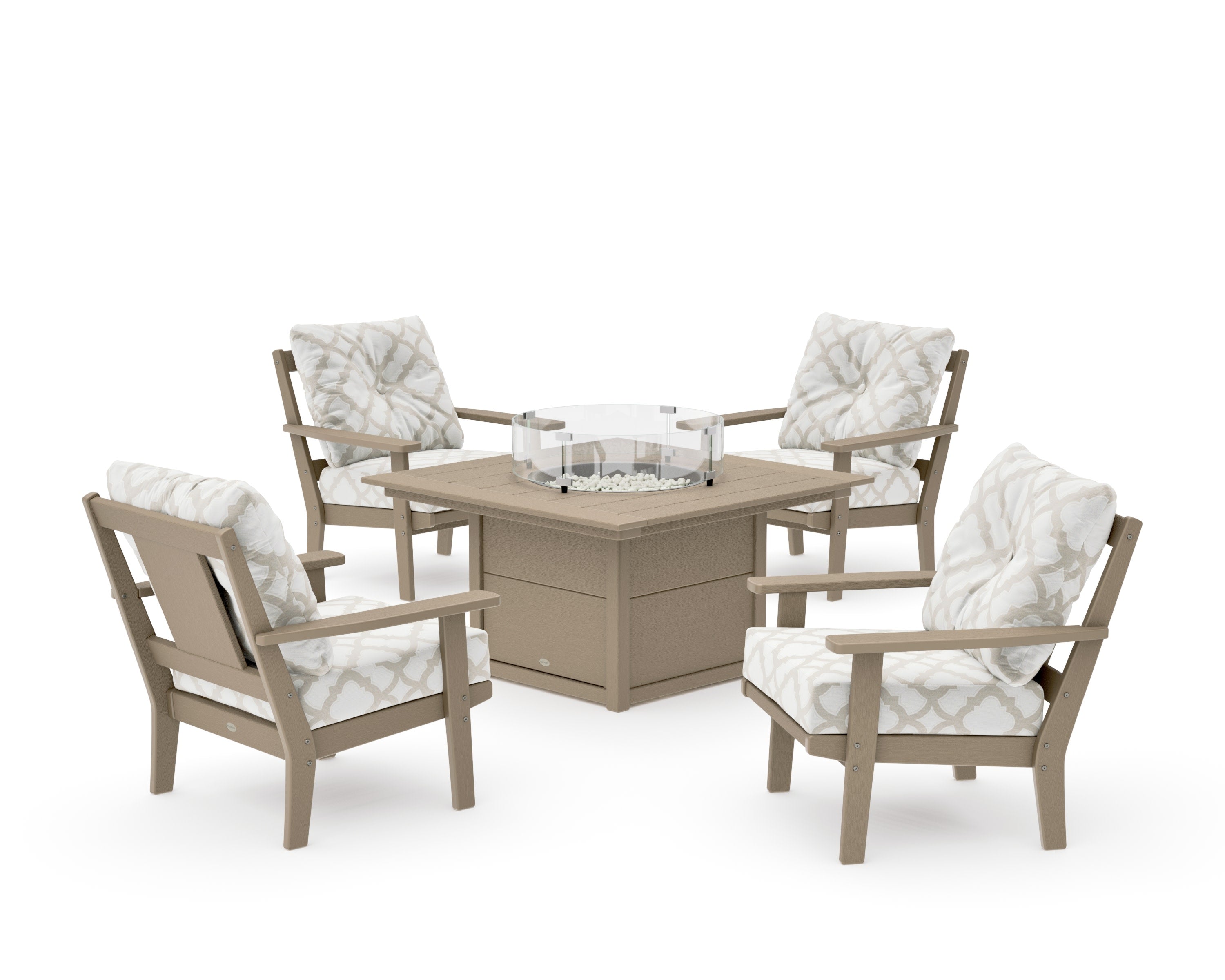 Prairie 5-Piece Deep Seating Set with Fire Pit Table in Vintage Sahara / Trellis Dune Burlap